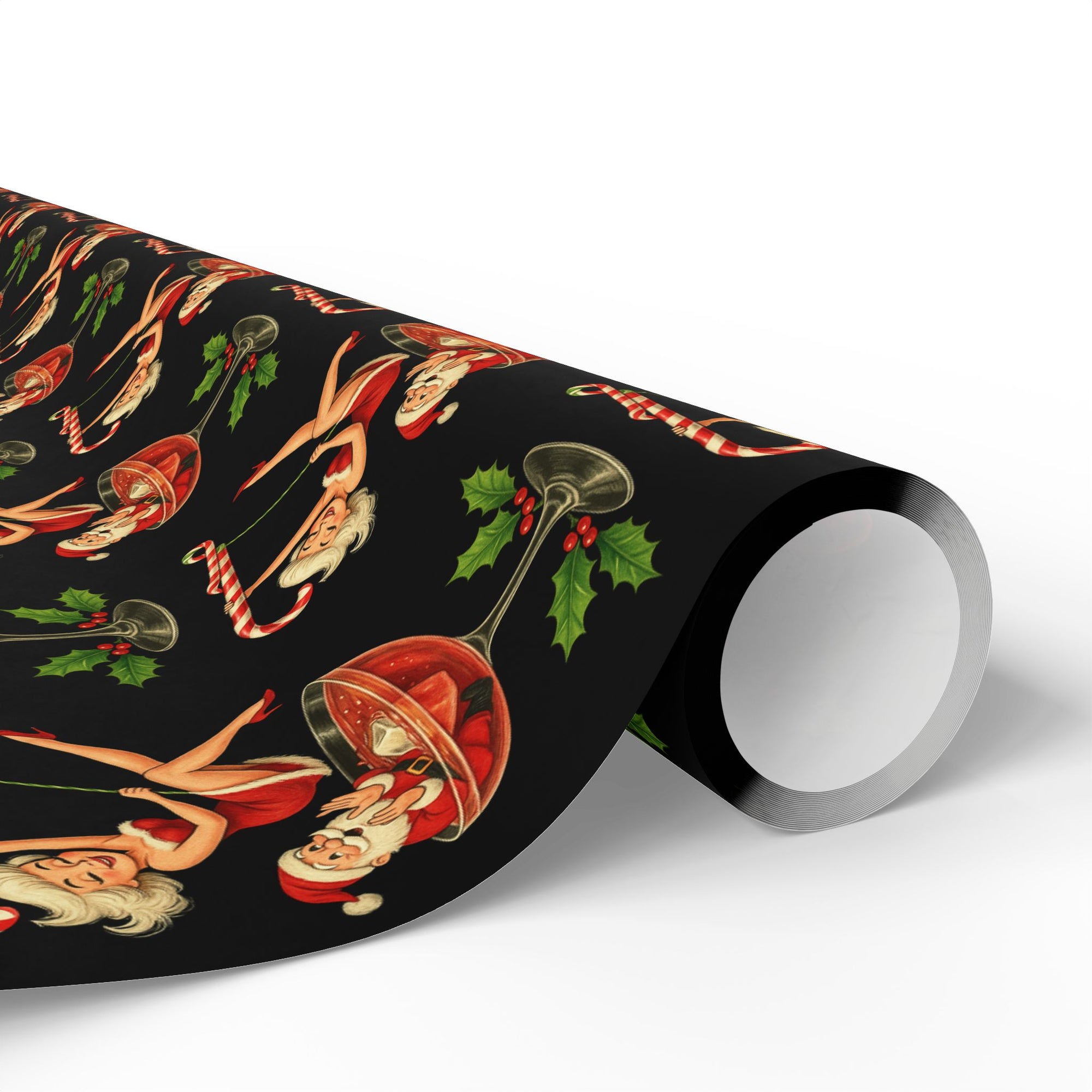 Christmas wrapping paper roll featuring a flirty 1950s Mrs. Claus dancing on a candy cane while Santa watches from his cocktail glass.