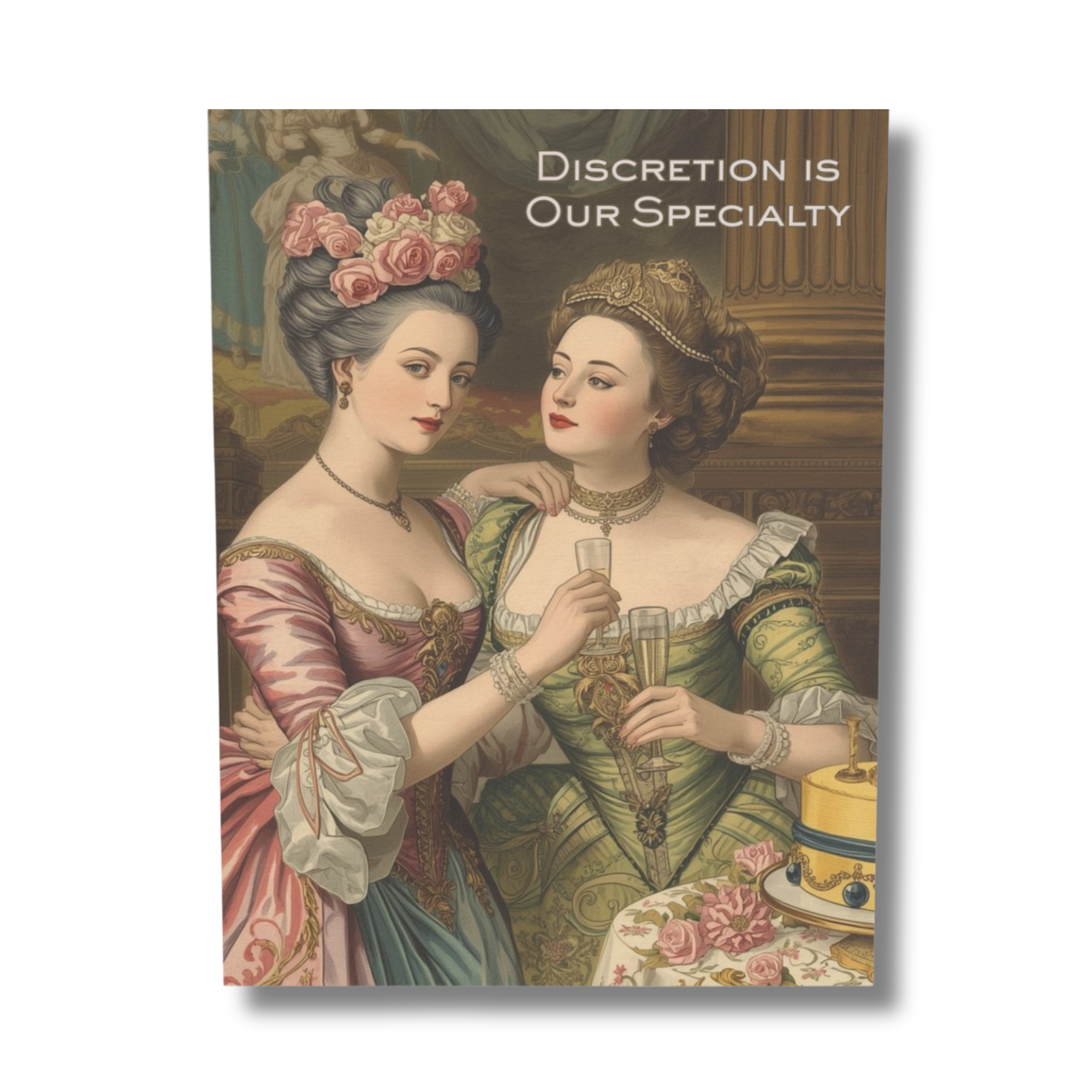Vintage-style greeting card of two women in formal attire with a cake, accompanied by the text 'Discretion is Our Specialty'.