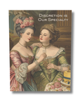 Vintage-style greeting card of two women in formal attire with a cake, accompanied by the text 'Discretion is Our Specialty'.