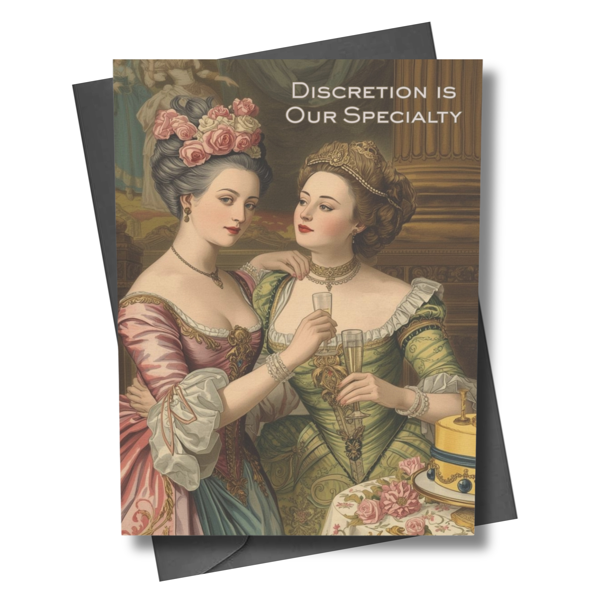 Vintage-style card with two women in ornate dresses and a cake, with text 'Discretion is Our Specialty'.