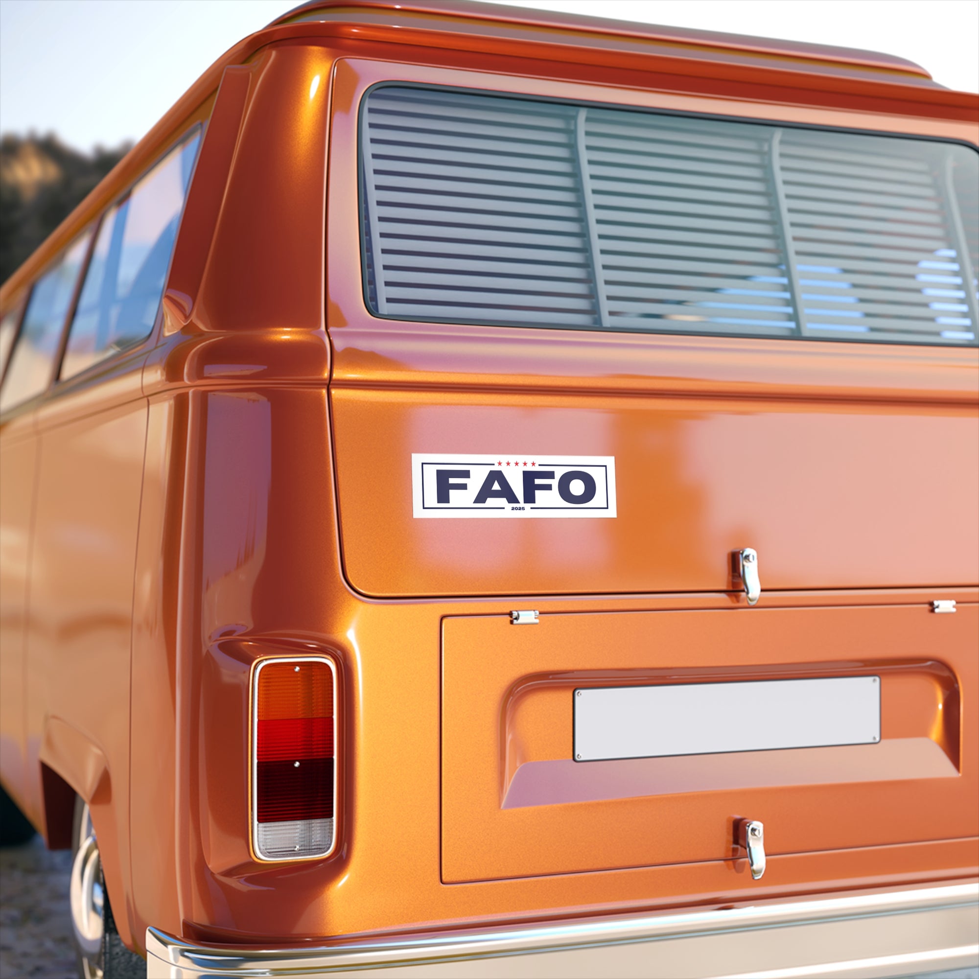 Orange van with FAFO logo on a clear day