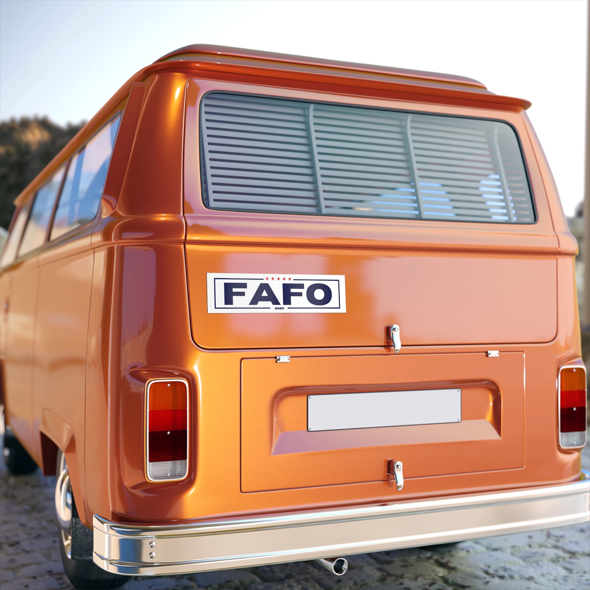 Orange van with 'FAFO' logo on a blurred background