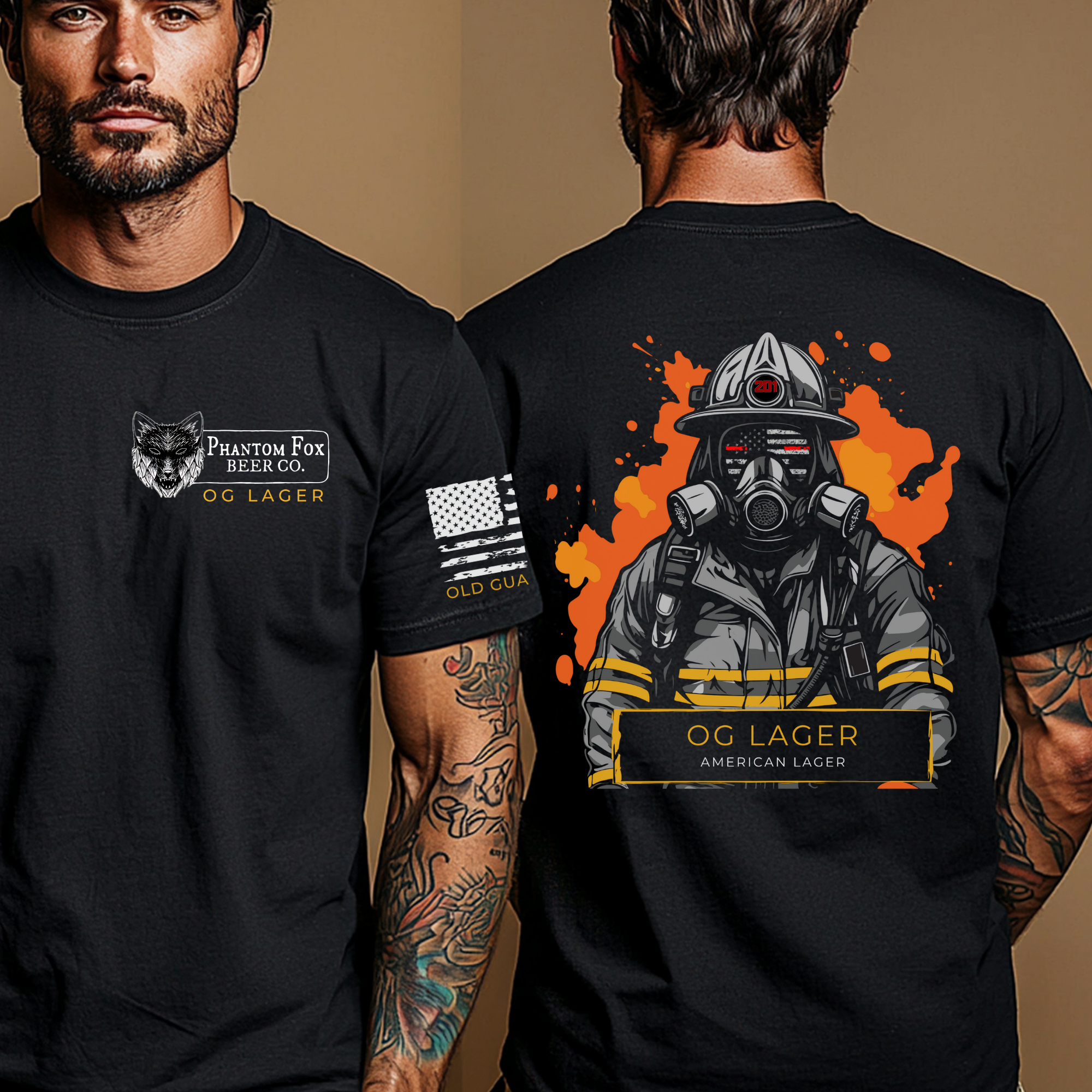 person wearing a black t-shirt with an image of a firefighter with flames behind and the words OG Lager. On the front is a logo for Phantom Fox Beer Co. 