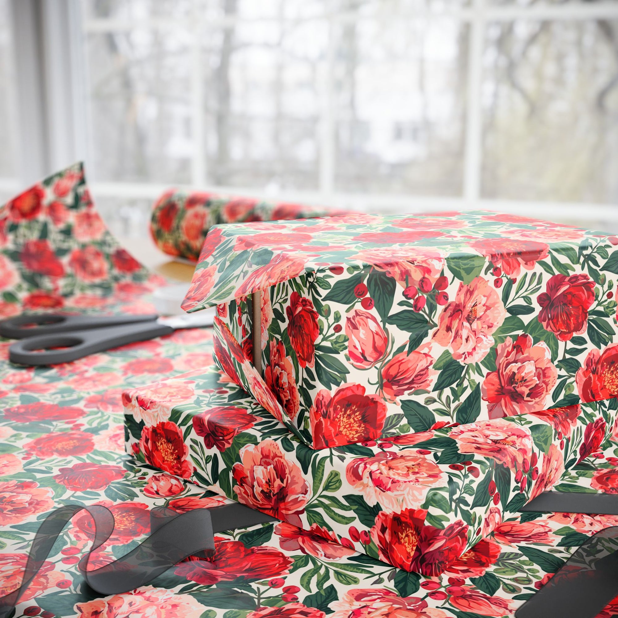 Floral rose and peony wrapping paper in red and blush pink with greenery for Christmas, weddings and birthdays.