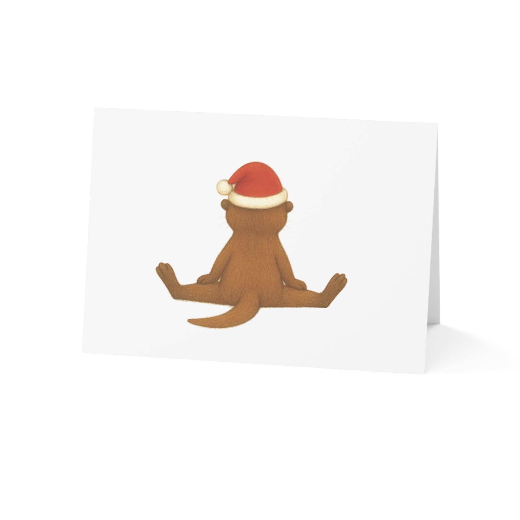 Card with image of the back of an otter wearing a Santa hat on a white background.