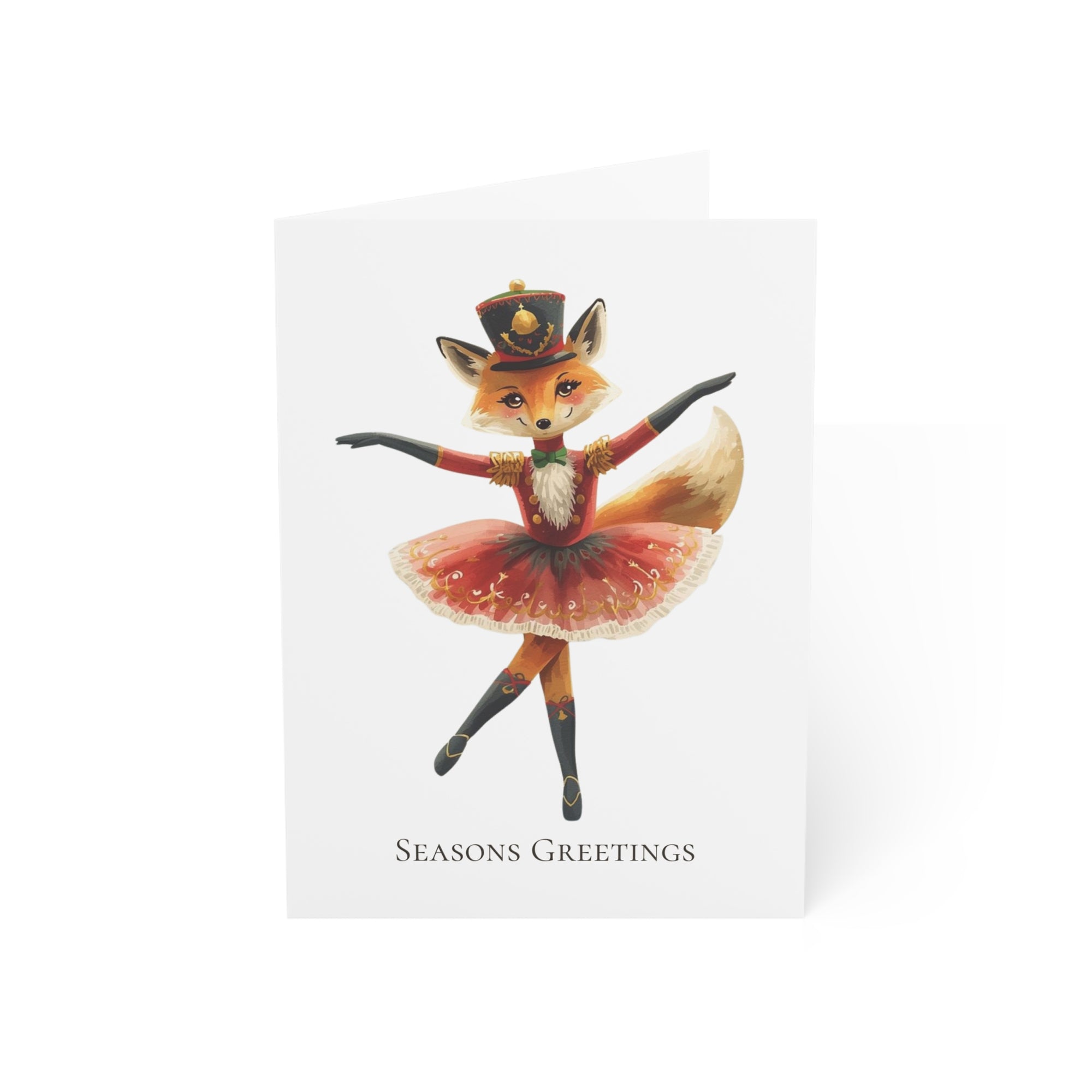Fox nutcracker ballerina Christmas card with red tutu and festive holiday costume