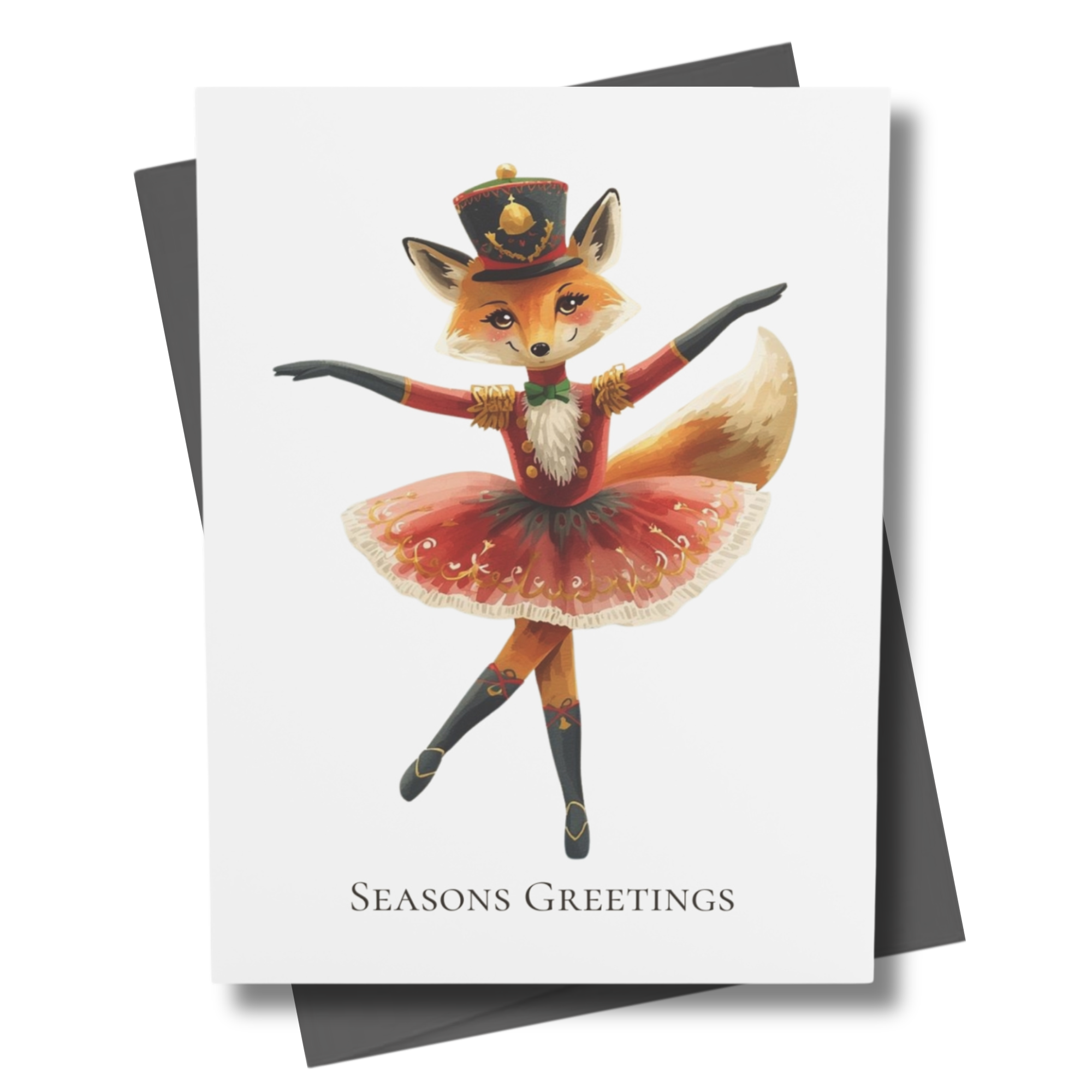 Greeting card with a fox ballerina illustration and 'Seasons Greetings' text.