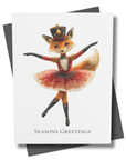 Greeting card with a fox ballerina illustration and 'Seasons Greetings' text.