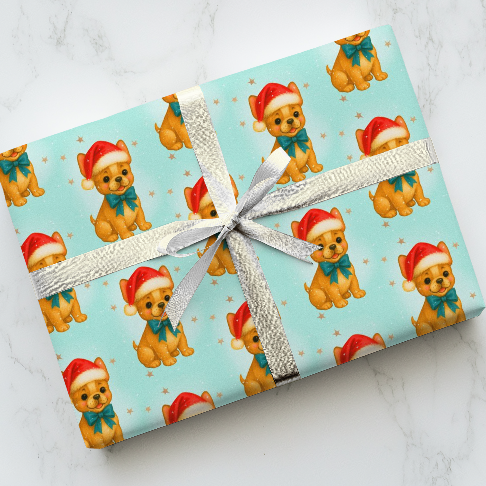 French bulldog christmas wrapping paper with golden dog in red hat and teal bow on aqua background with stars