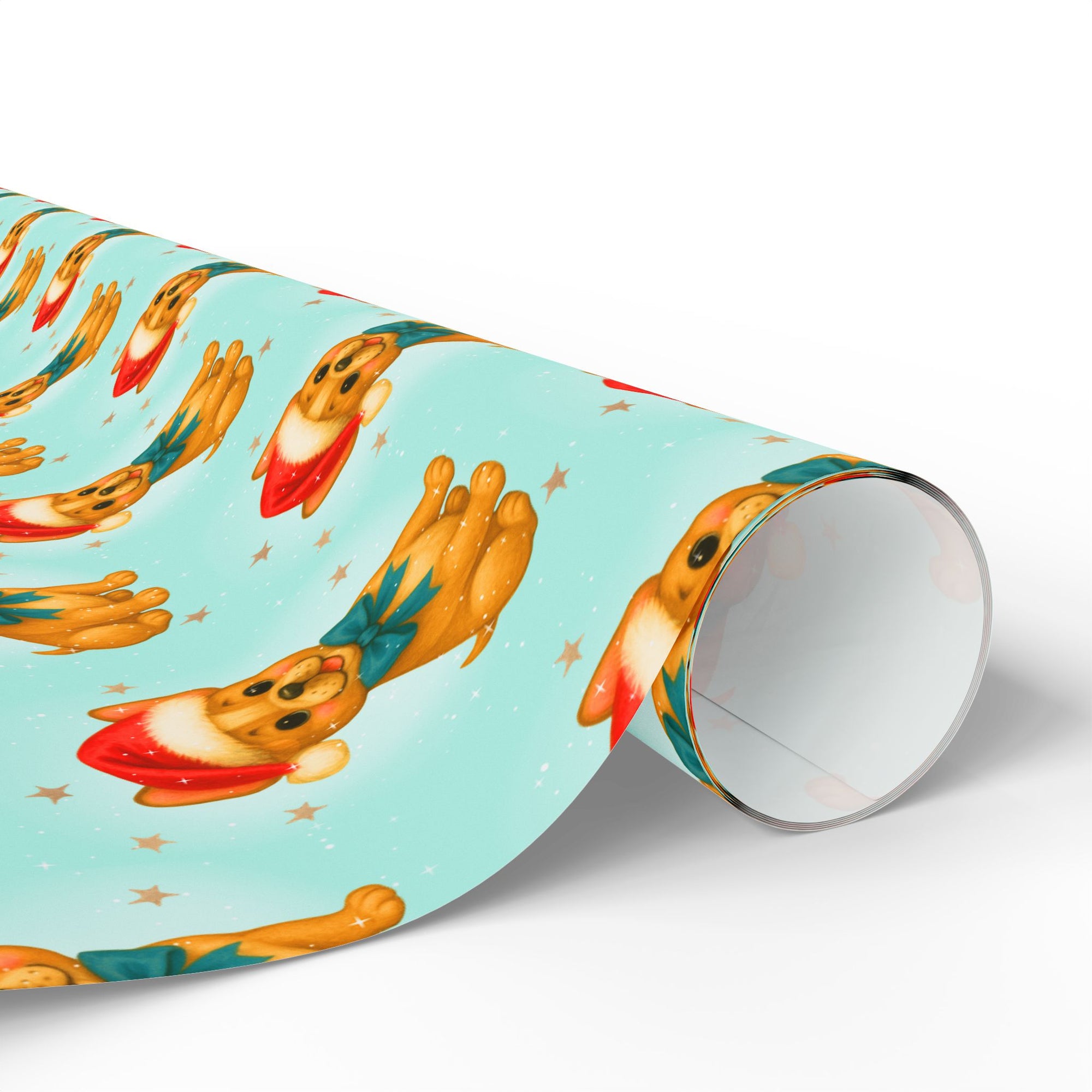 french bulldog christmas wrapping paper with golden dog in red hat and teal bow on aqua background with stars