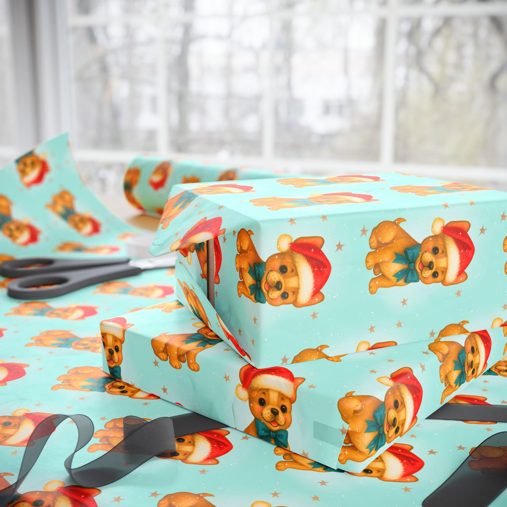 french bulldog christmas wrapping paper with golden dog in red hat and teal bow on aqua background with stars
