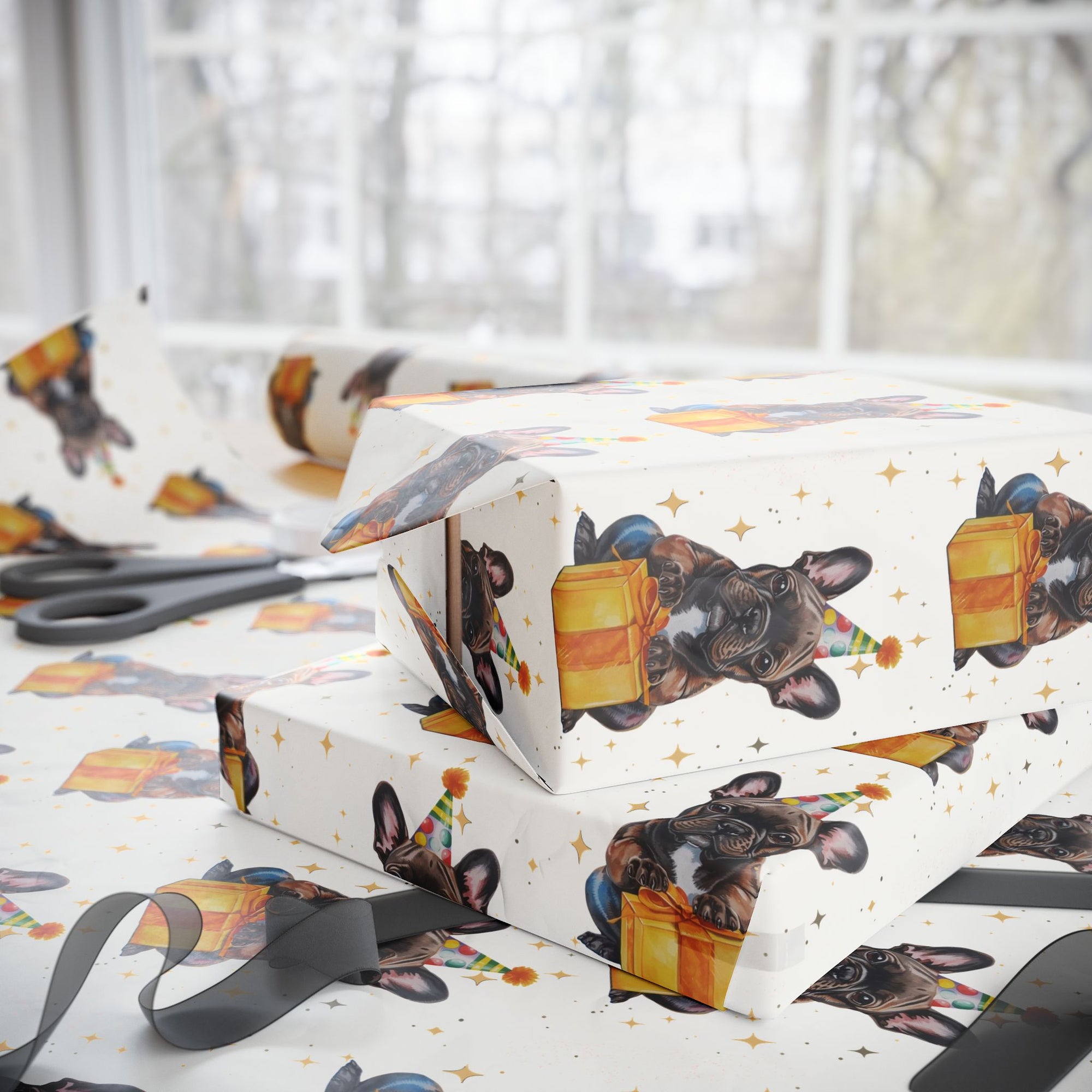 Gift wrapped in dog-themed wrapping paper with scissors and ribbon on a white surface.