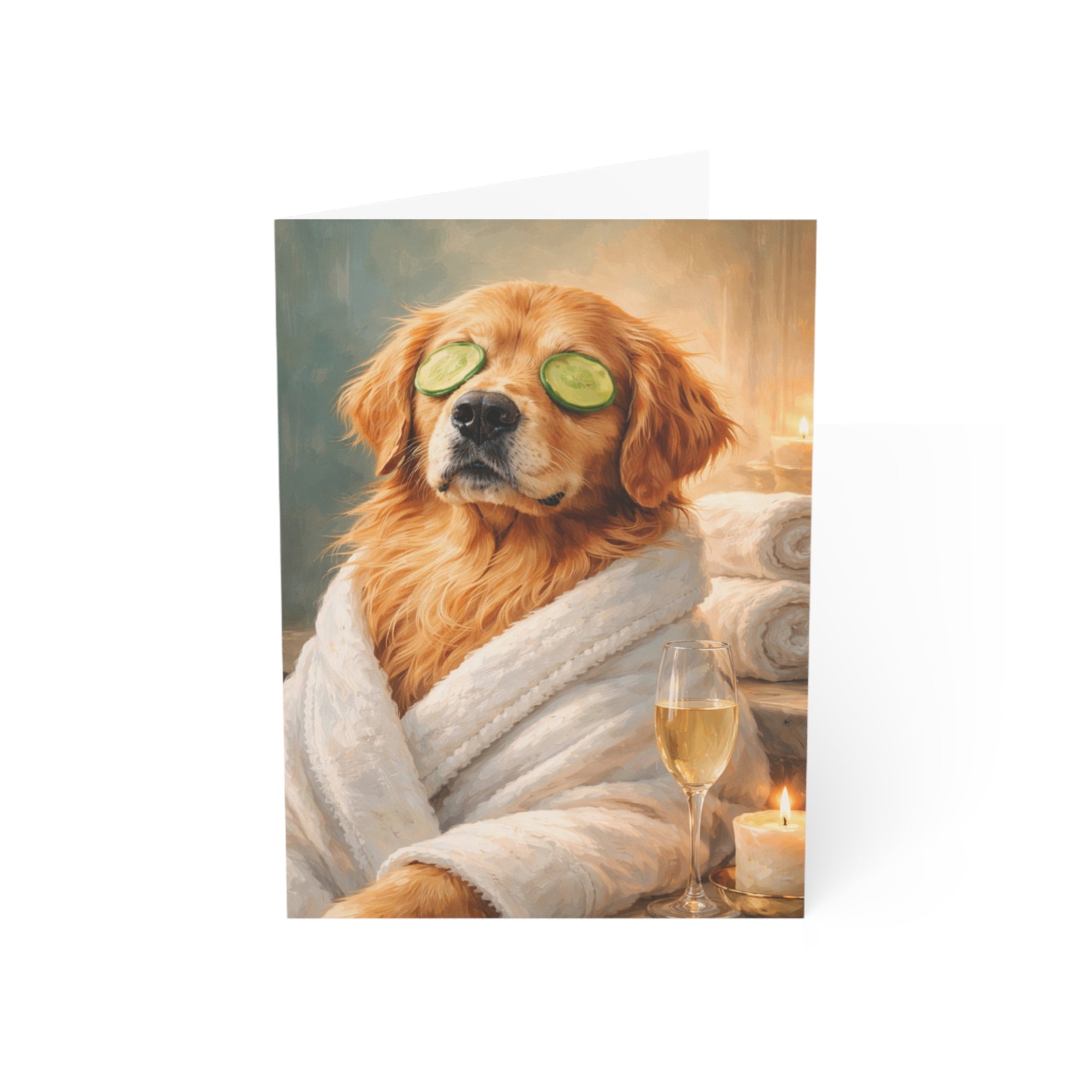 Dog in a bathrobe with eye masks and a glass of wine, surrounded by towels.