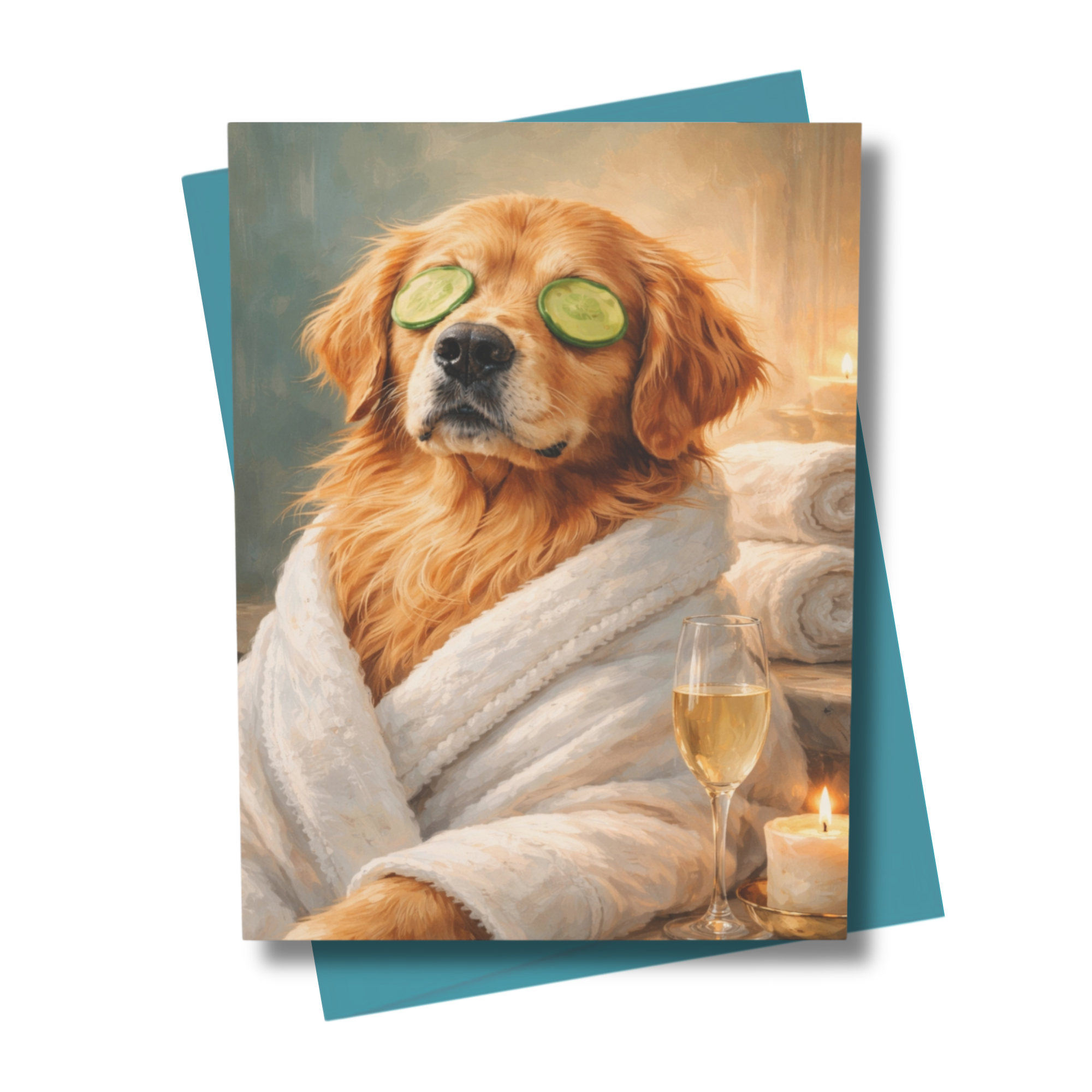 Dog in a bathrobe with cucumbers on eyes, glass of wine, and candle, on a white background