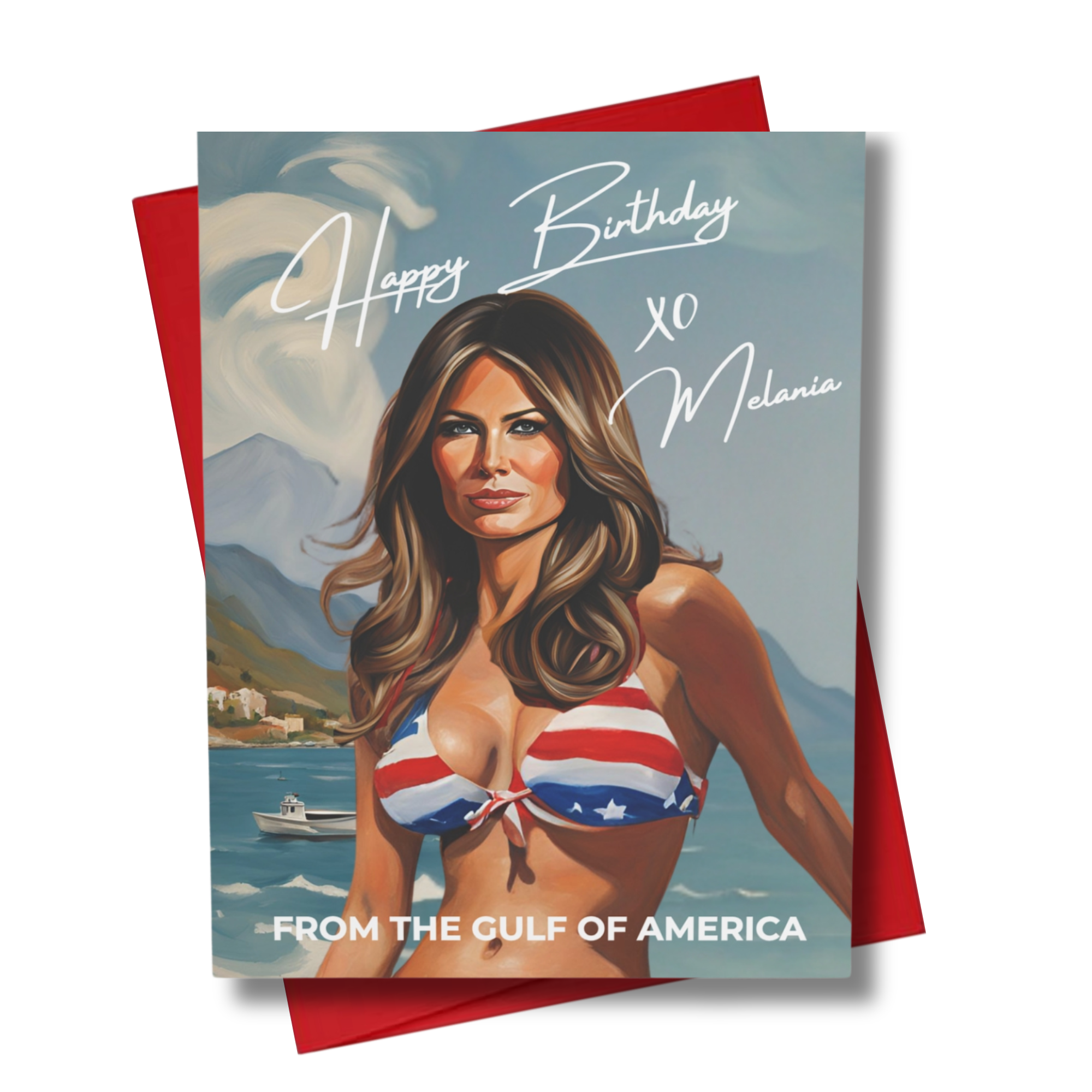 retro brunette first lady in a patriotic bikini posing in a bikini on the gulf of america