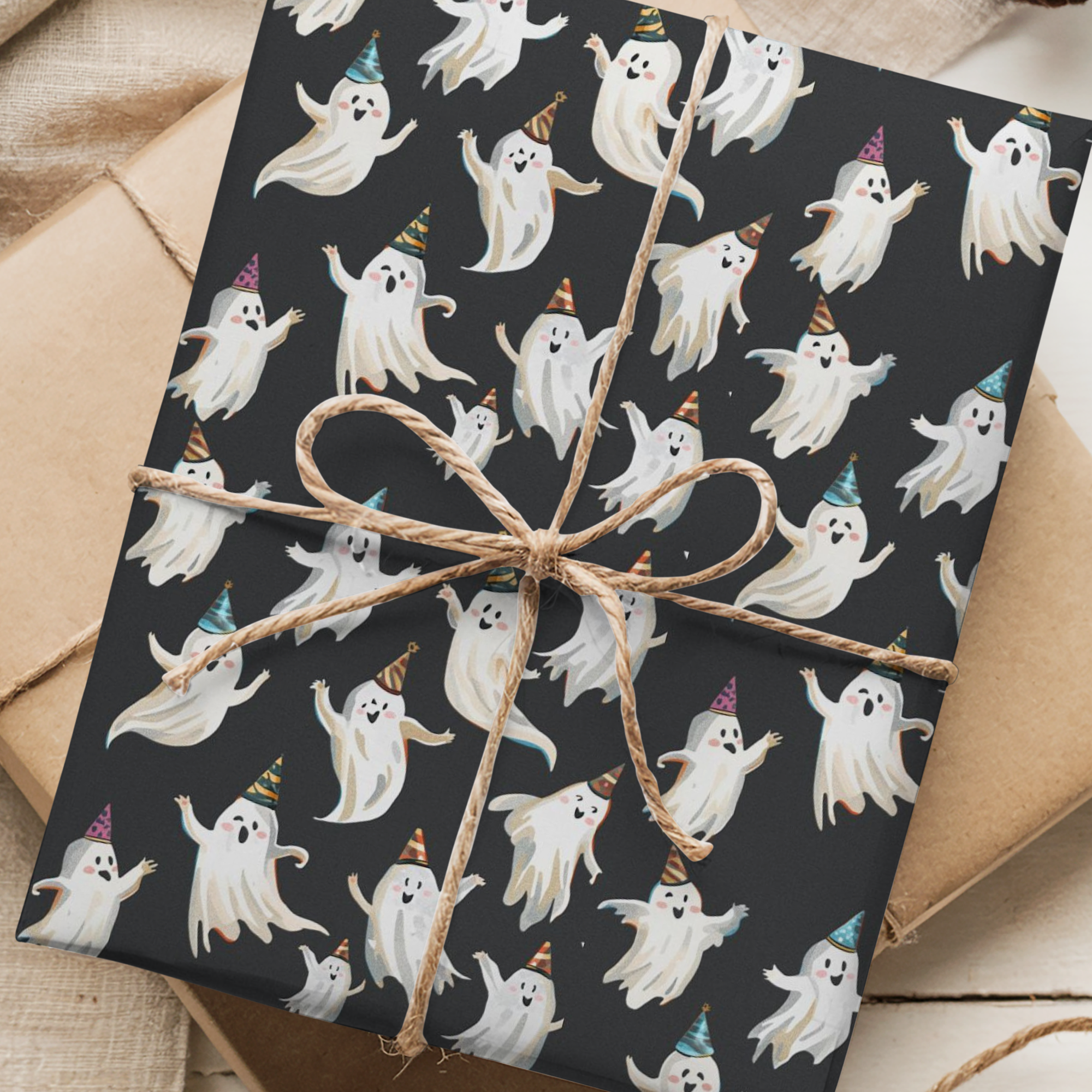 Party ghosts Halloween wrapping paper featuring smiling ghosts in colorful birthday hats on dark background