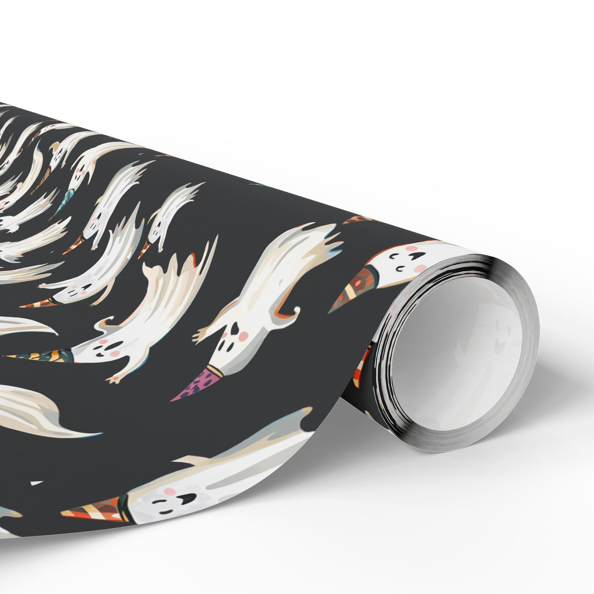 Roll of wrapping paper Halloween and  birthday themed featuring smiling ghosts in colorful birthday hats on dark background