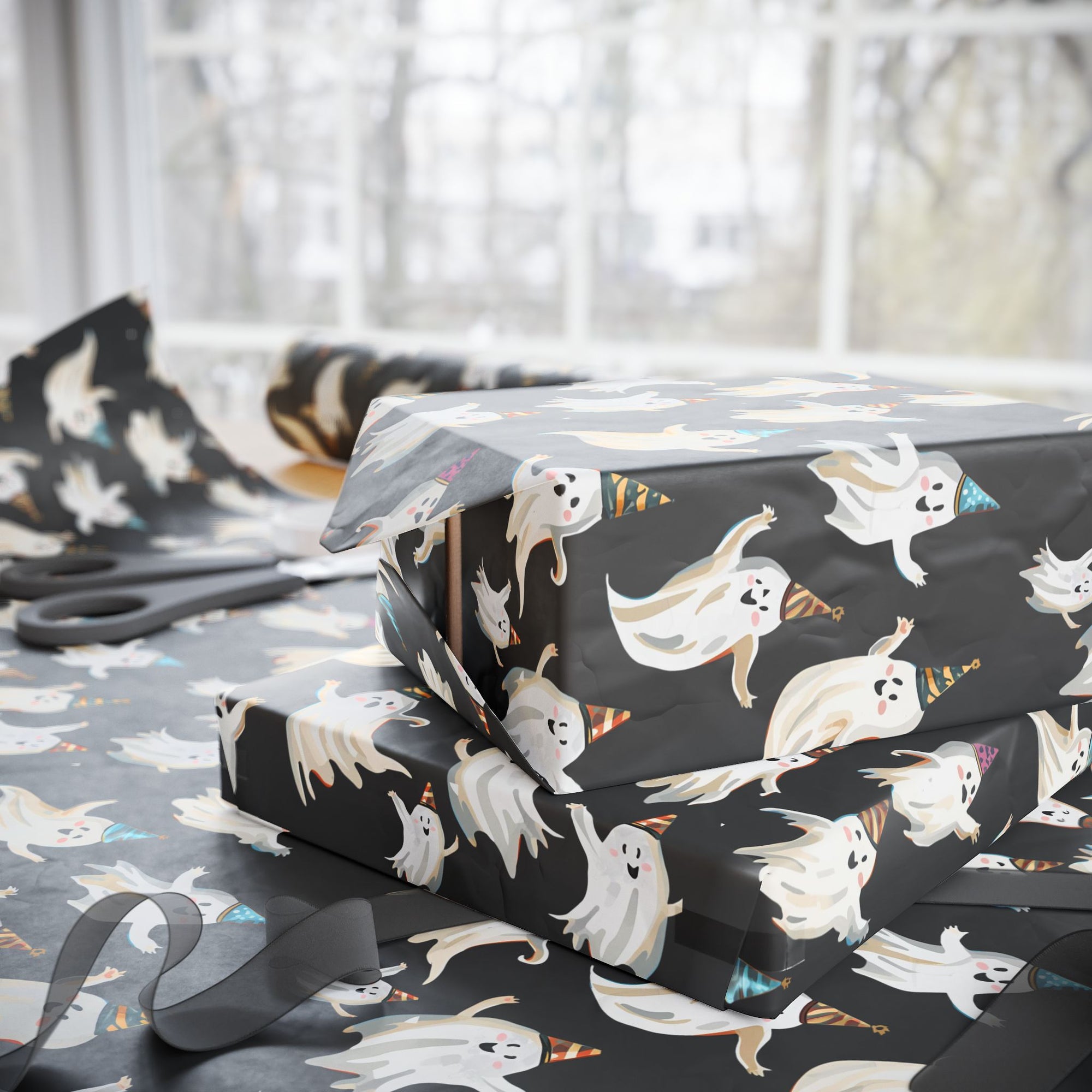 Halloween and  birthday themed gift wrap featuring smiling ghosts in colorful birthday hats on dark background