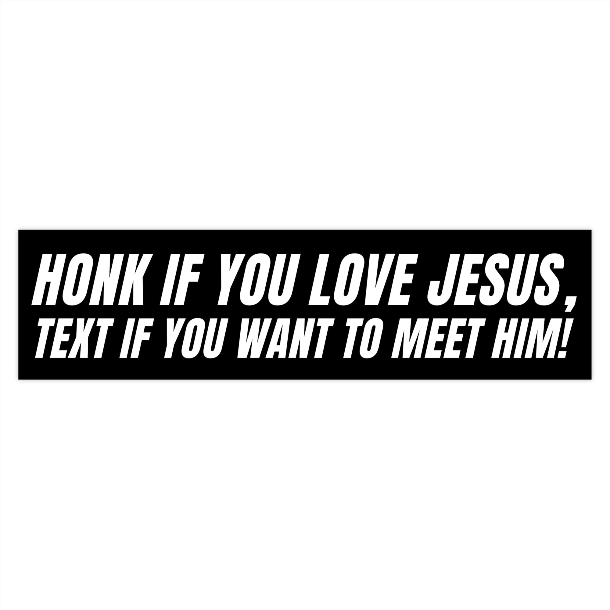 Black rectangular sticker with white text on a white background