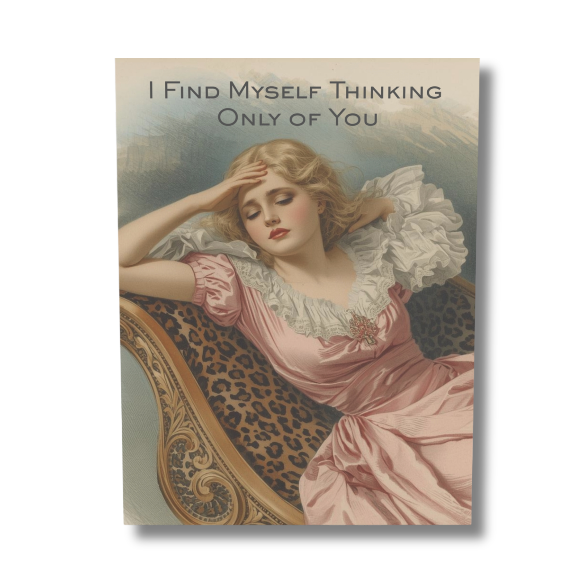 Vintage-style card with a woman in a pink dress and text 'I Find Myself Thinking Only of You' on a beige background.