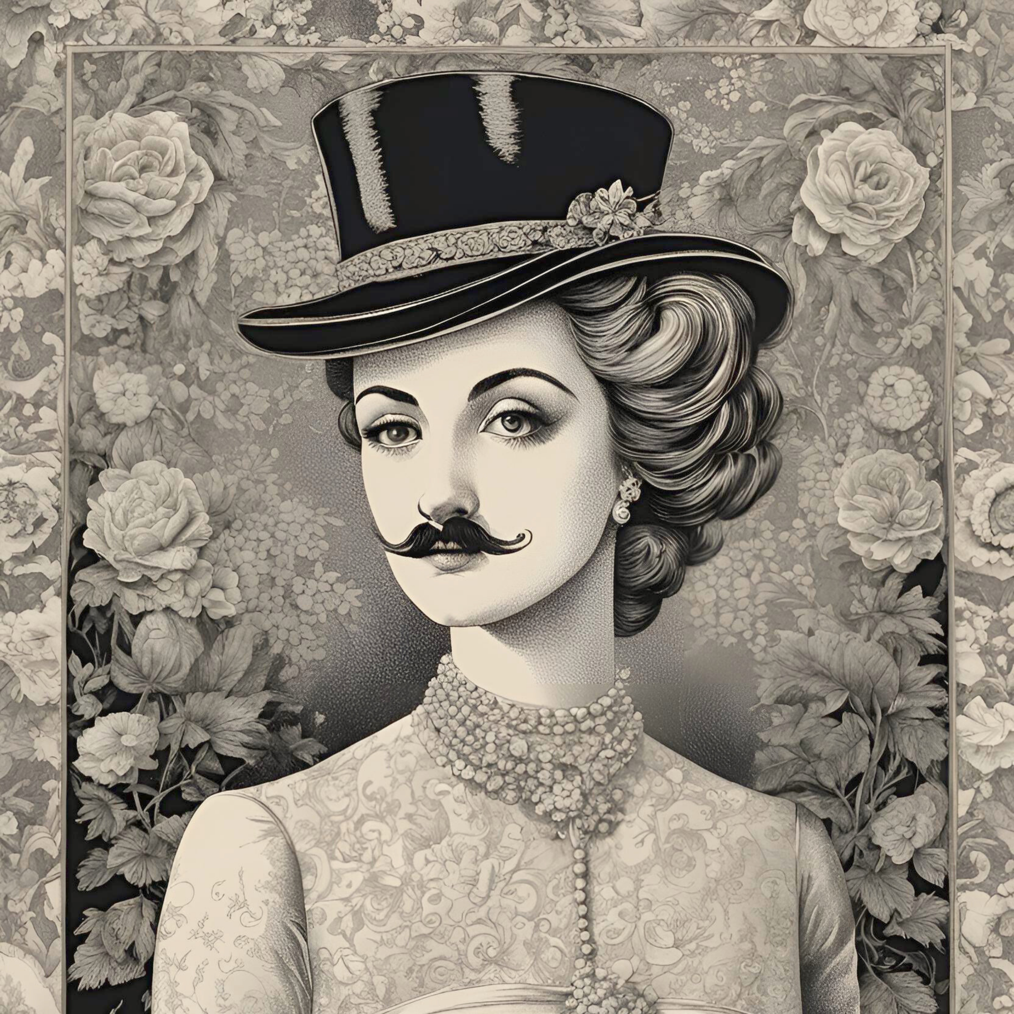 Vintage-style portrait of a woman with a top hat, mustache and floral background.
