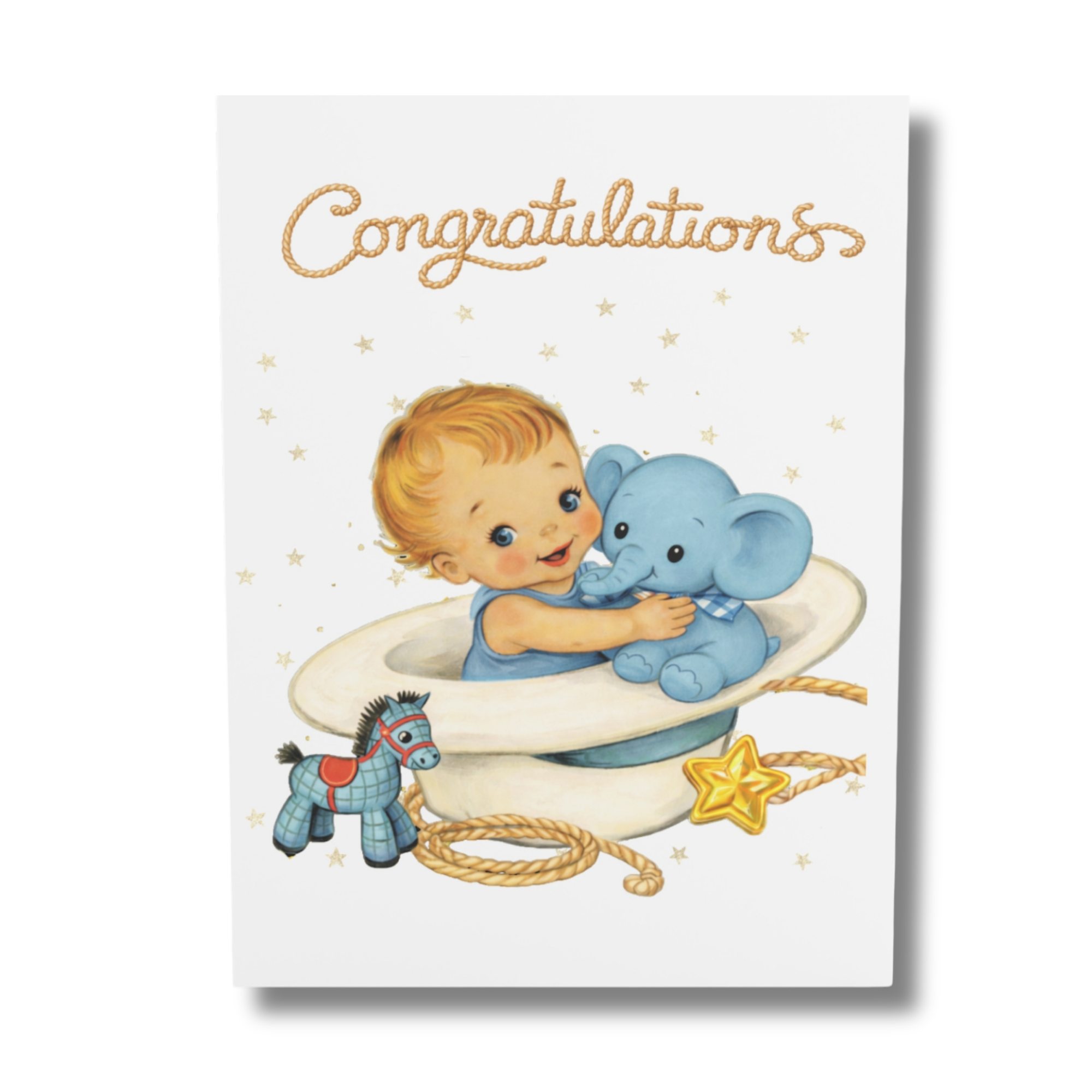 congratulations storybook baby card with smiling baby holding blue elephant western nursery style with stars rope and toy horse