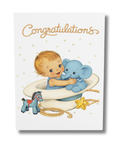 congratulations storybook baby card with smiling baby holding blue elephant western nursery style with stars rope and toy horse