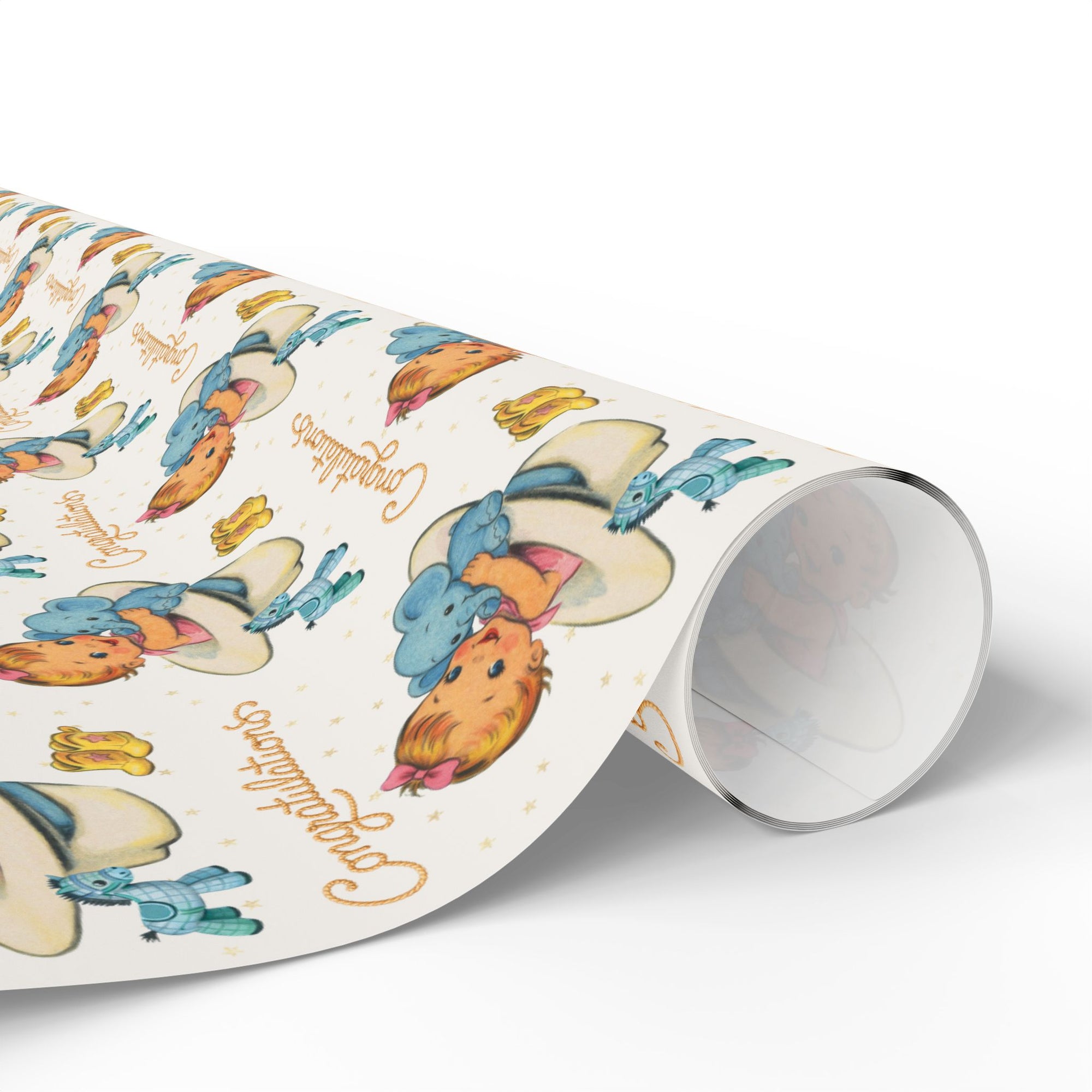 Roll of wrapping paper with western baby themed design on a white background