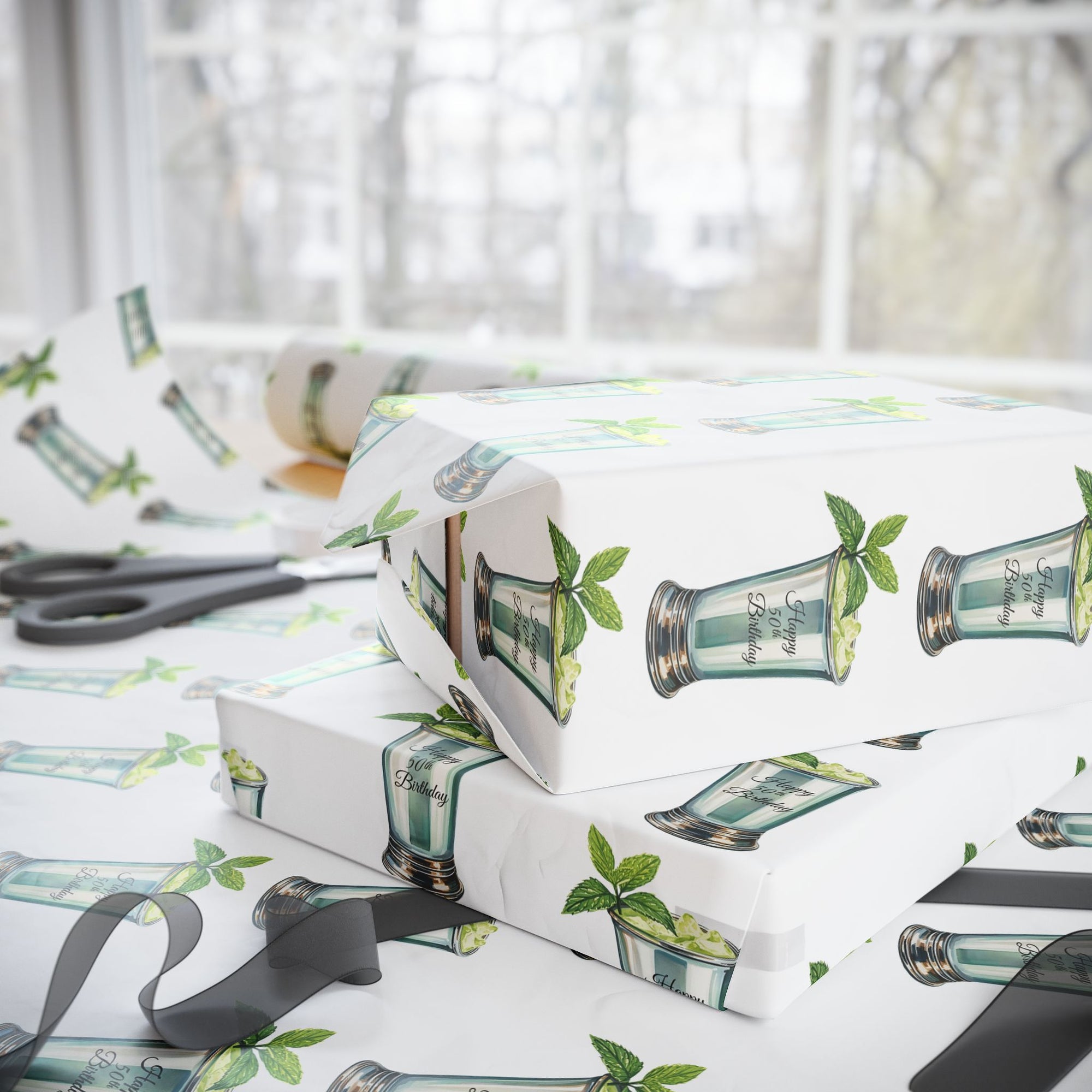 wrapping paper with a mint julep pattern on a white background