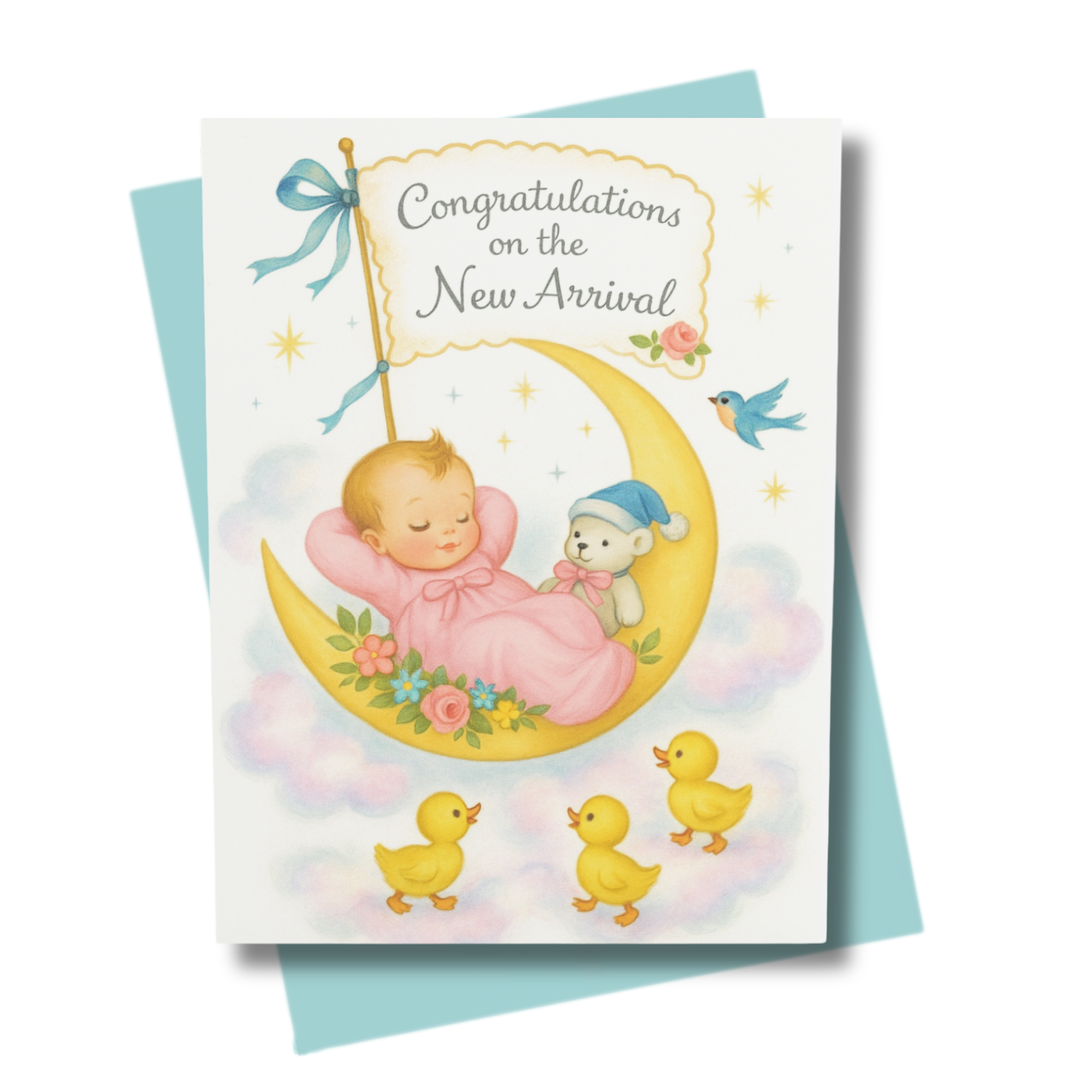 Baby shower card with baby on a moon, teddy bear, and ducks on a white background
