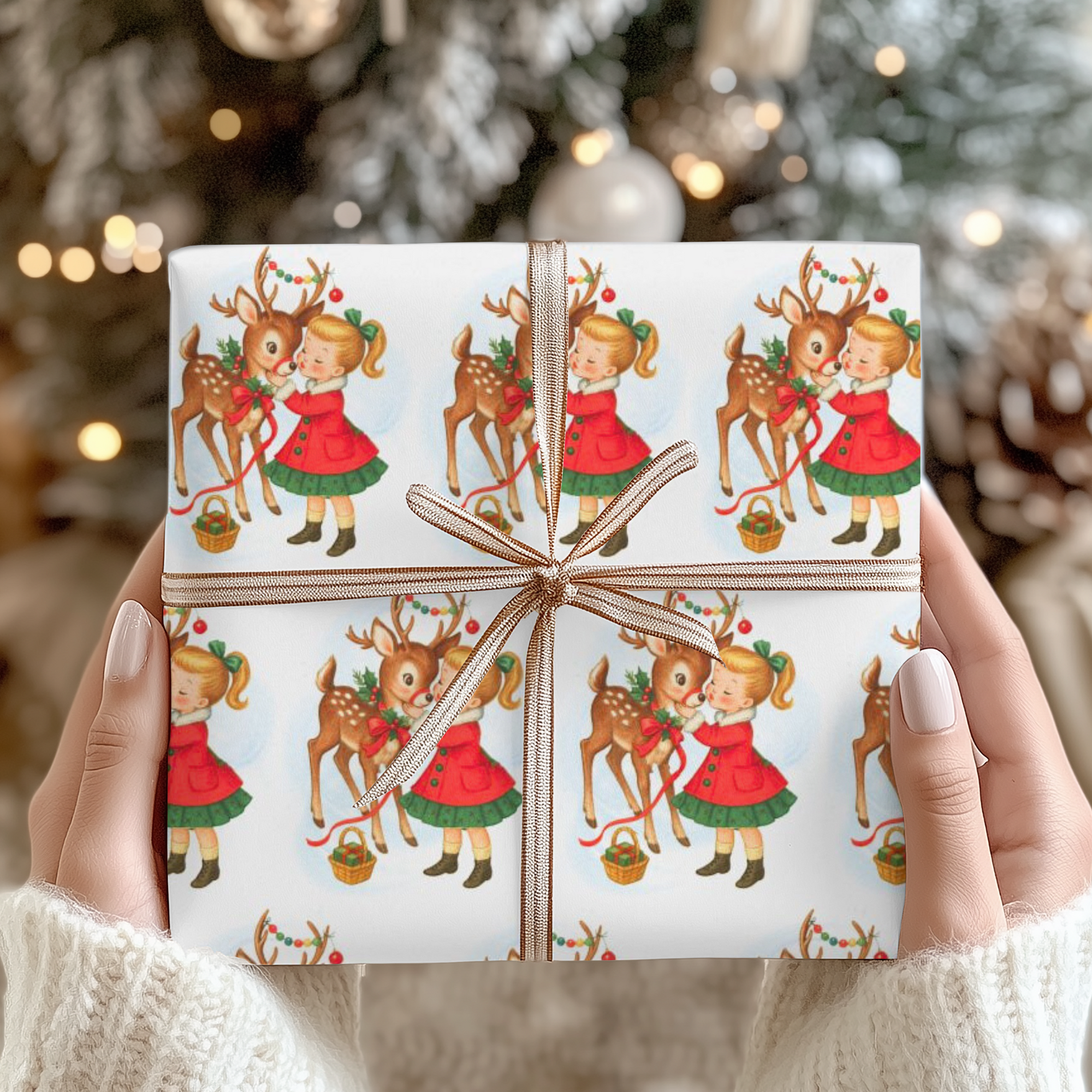Christmas-themed gift wrap with reindeer and little girl kiss on a white background beneath the christmas tree