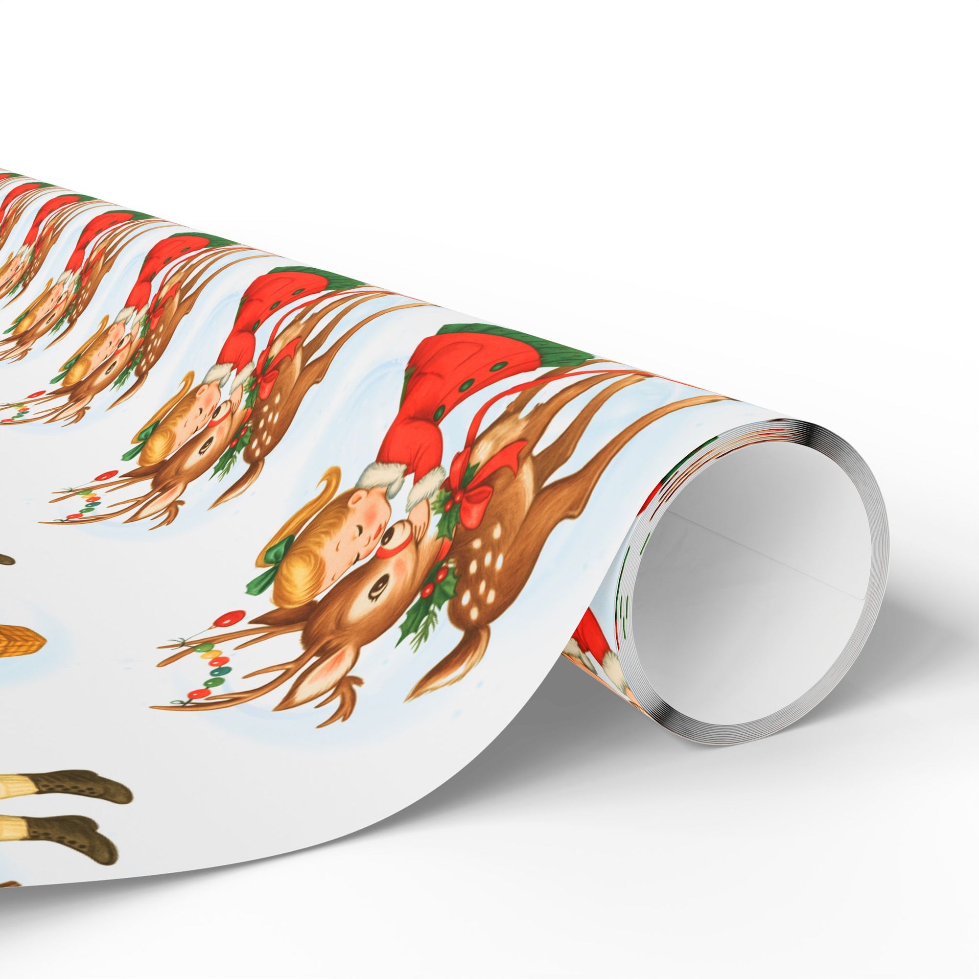 Christmas-themed gift wrap with reindeer and little girl kiss on a white background roll view