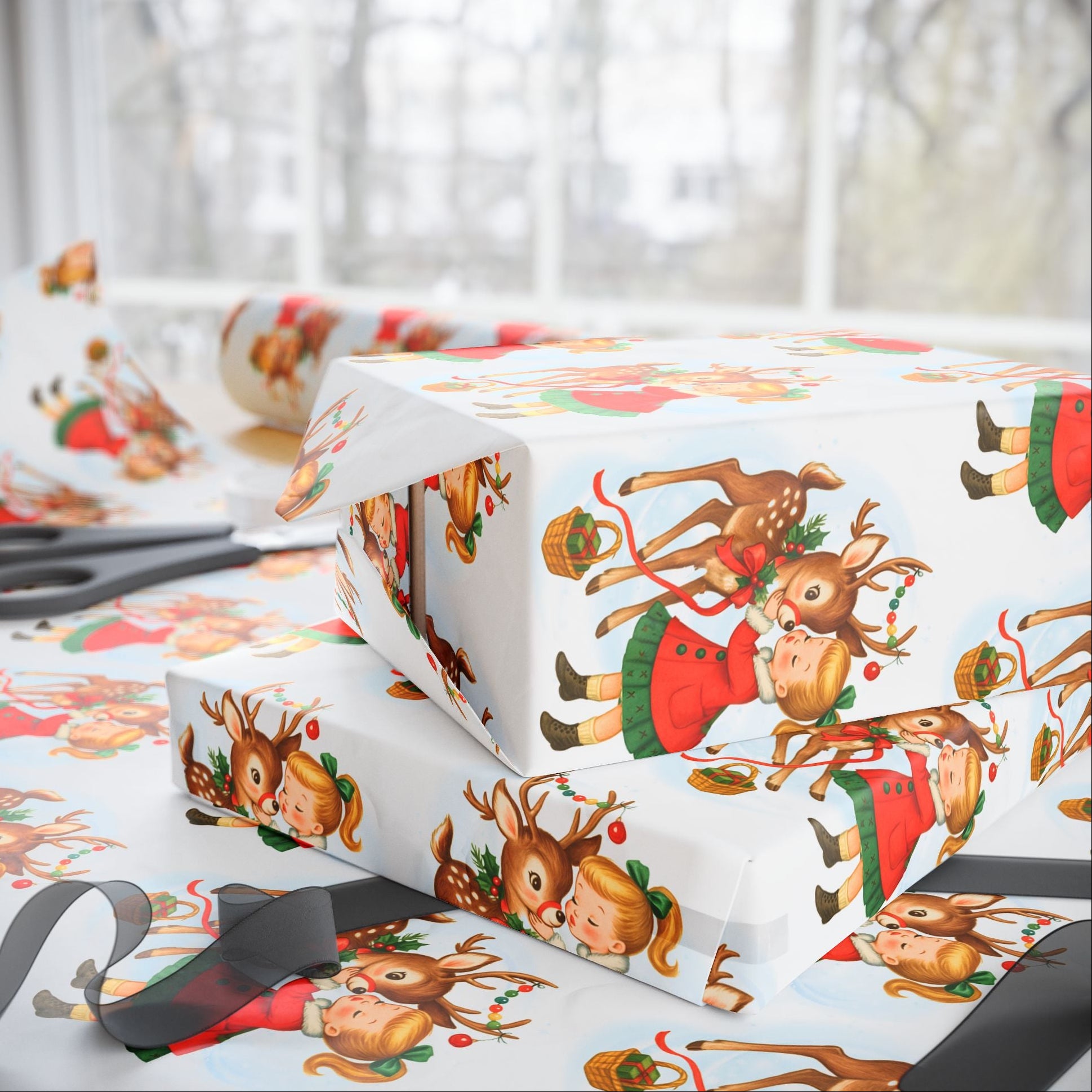 Christmas-themed gift wrap with reindeer and little girl kiss on a white background side view