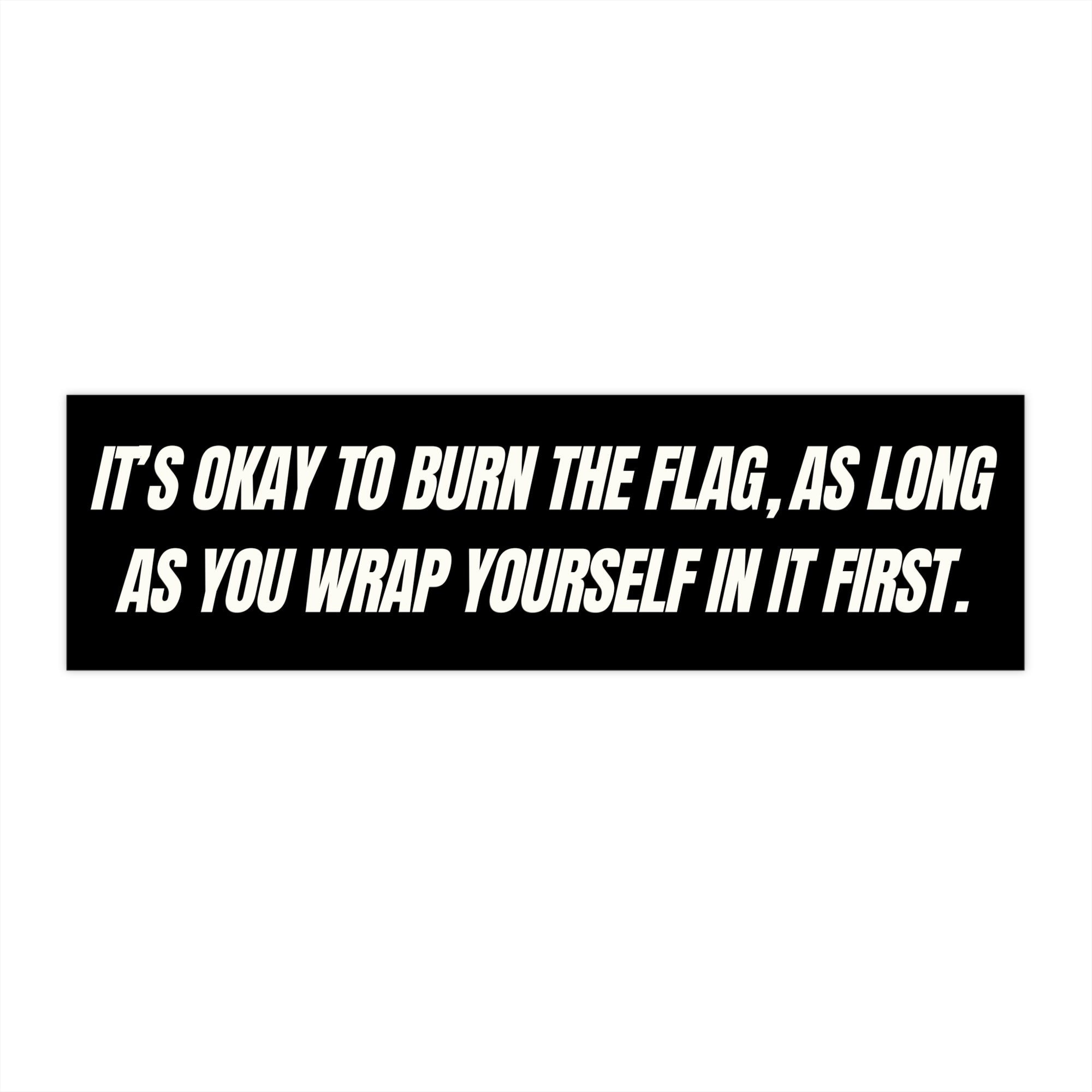 Black rectangular sticker with white text on a white background