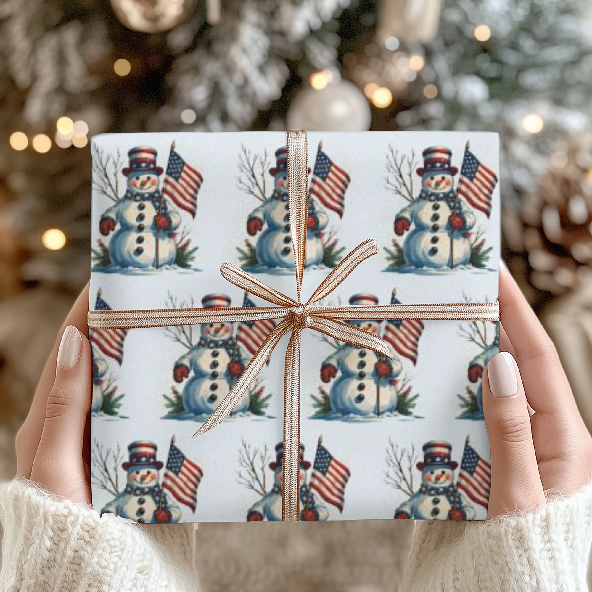 Patriotic Christmas Wrapping Paper - Snowman with American Flag