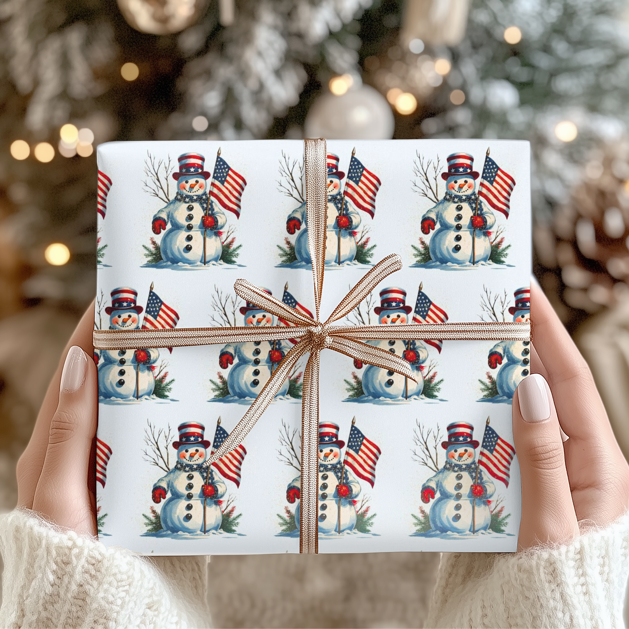 a  box that is wrapped in a christmas design that features a snowman and american flag against a light blue background