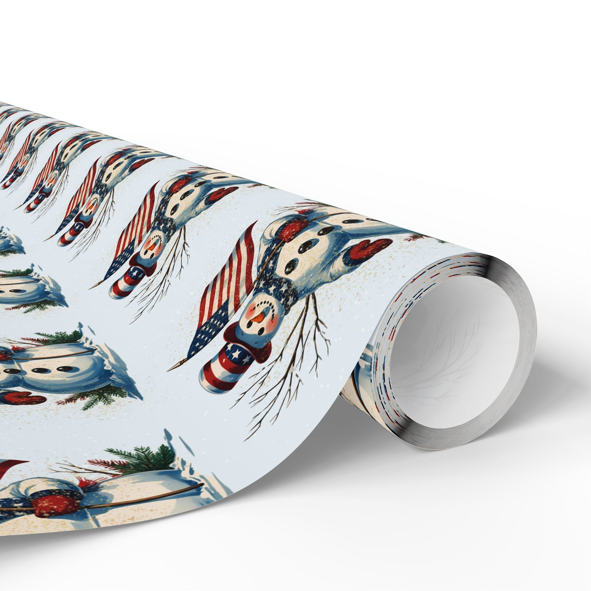 flat view of wrapping paper that features snowman and american flag against a light blue background