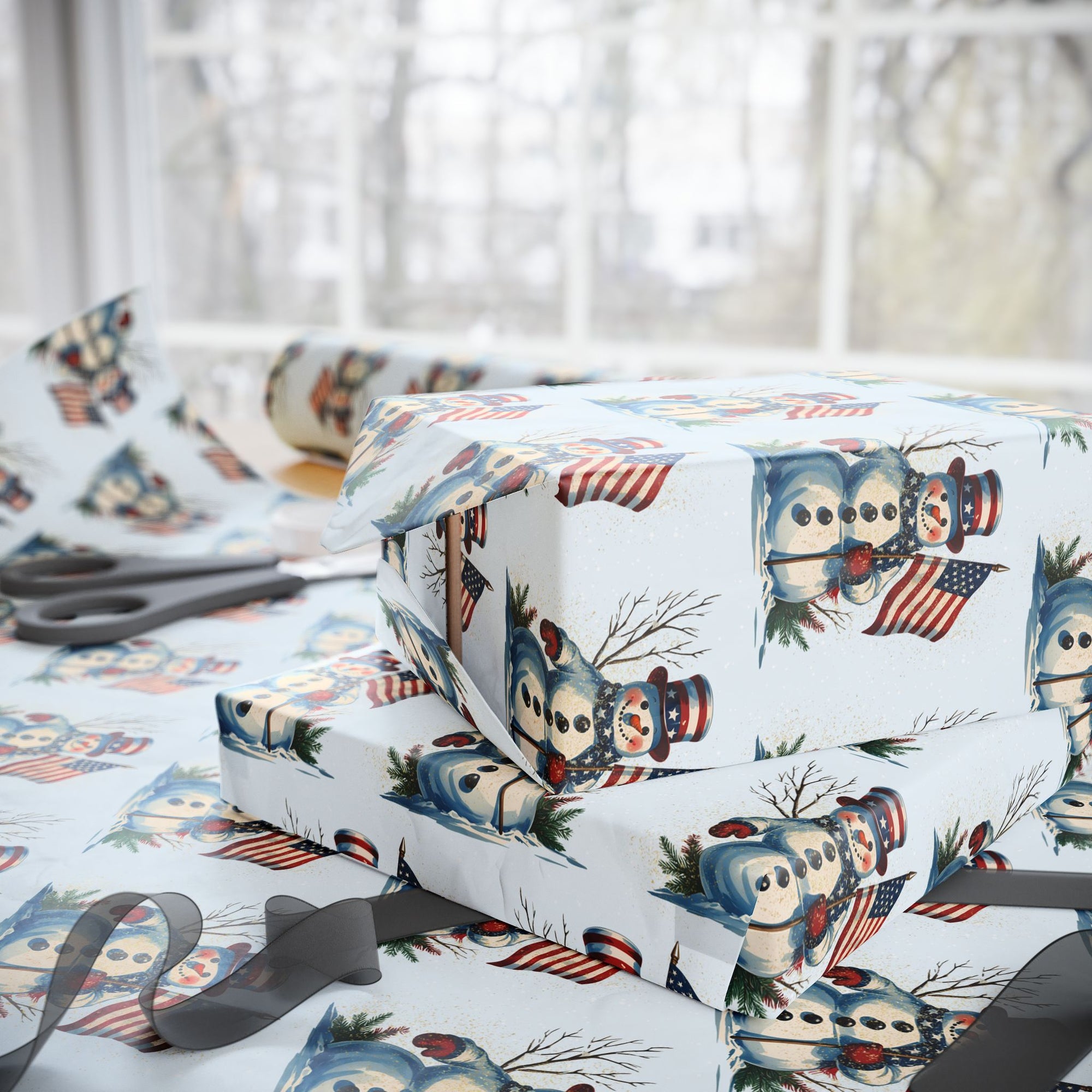 side view of wrapping paper that features snowman and american flag against a light blue background