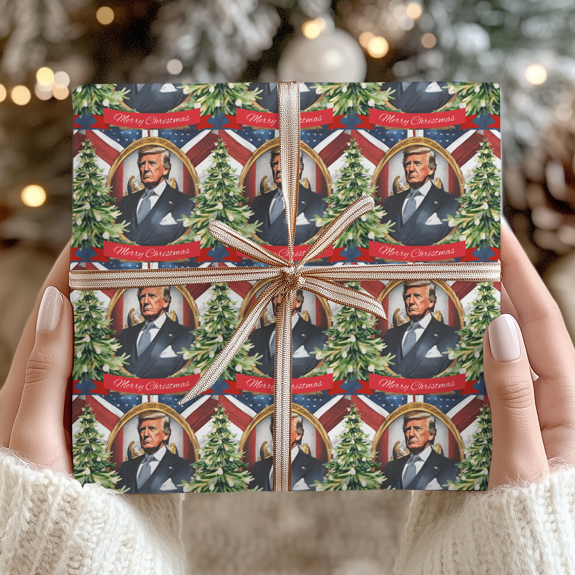 Gift box with Christmas-themed design featuring a potus portrait, trees, and usa flag, held by hands against a blurred festive background.