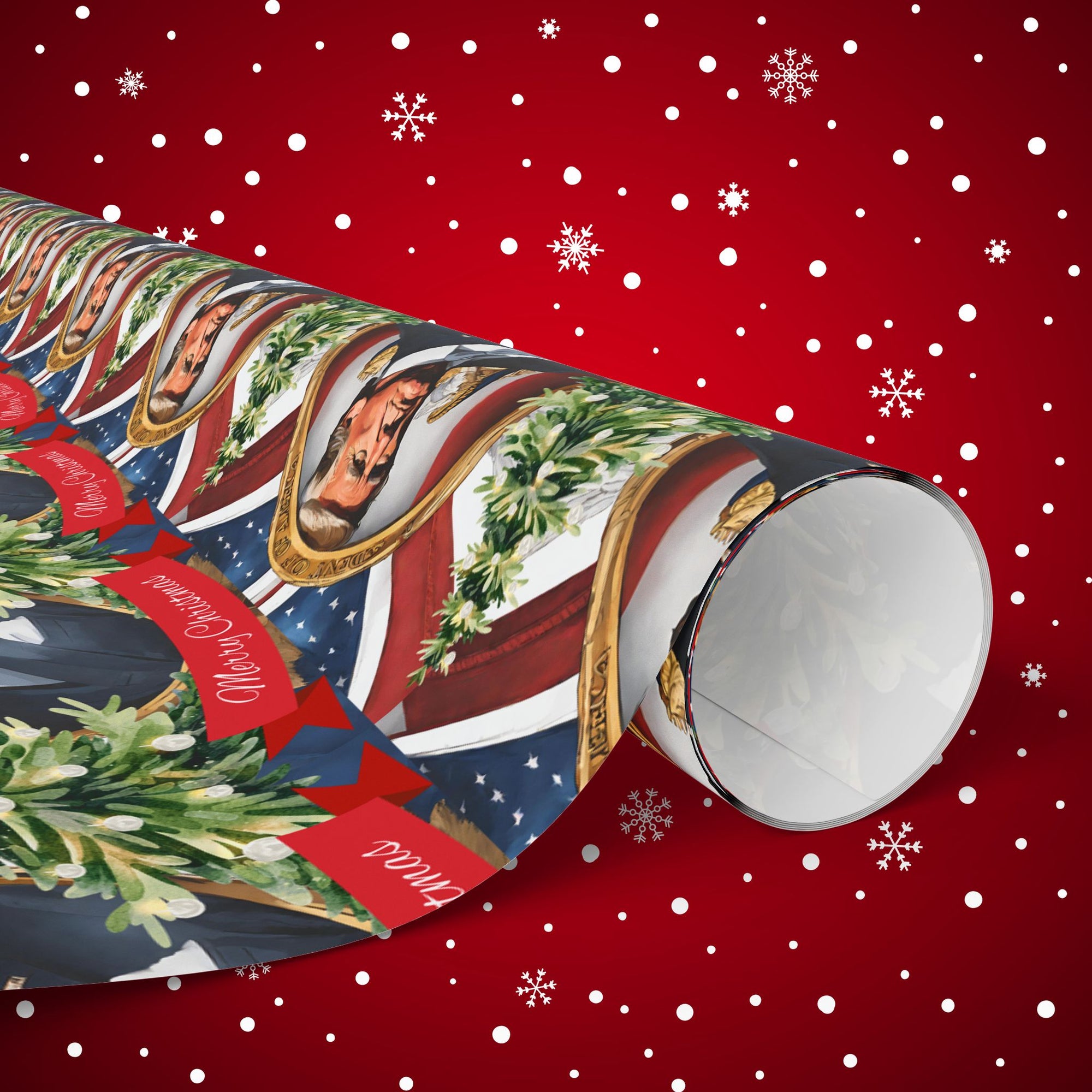 Patriotic Christmas wrapping paper with wreaths, stars, and stripes and 47th president roll view
