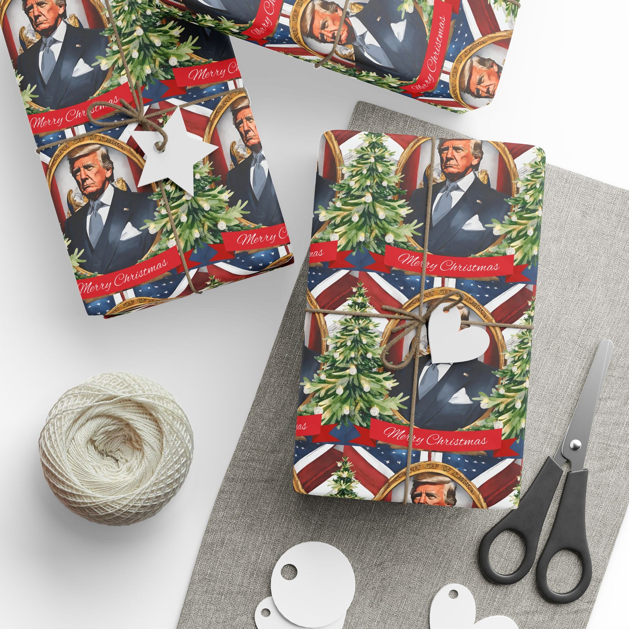 Patriotic Christmas wrapping paper with wreaths, stars, and stripes and 47th president front view