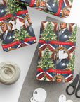 Patriotic Christmas wrapping paper with wreaths, stars, and stripes and 47th president front view