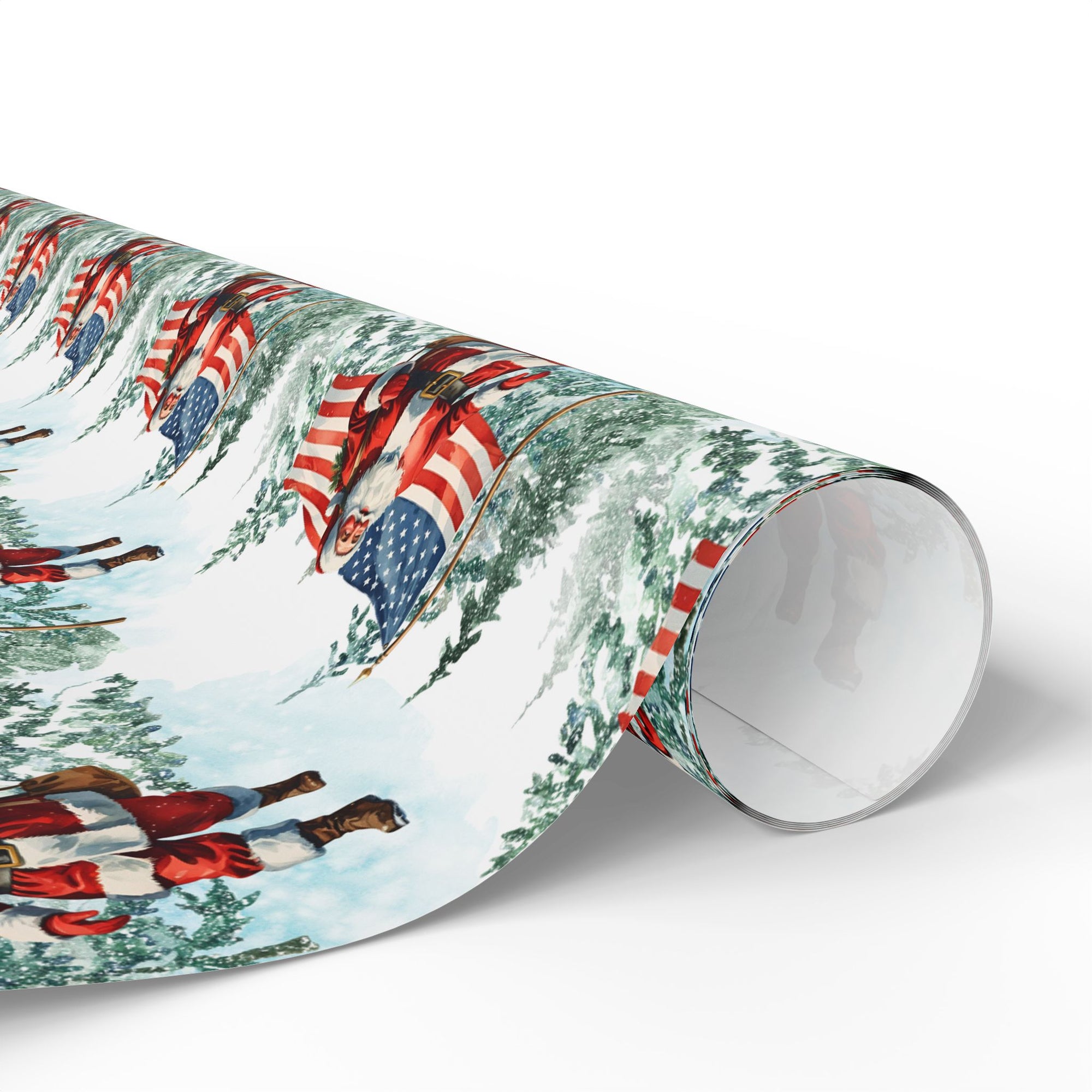 Christmas-themed roll of wrapping paper with Patriotic Santa Claus and American flag.