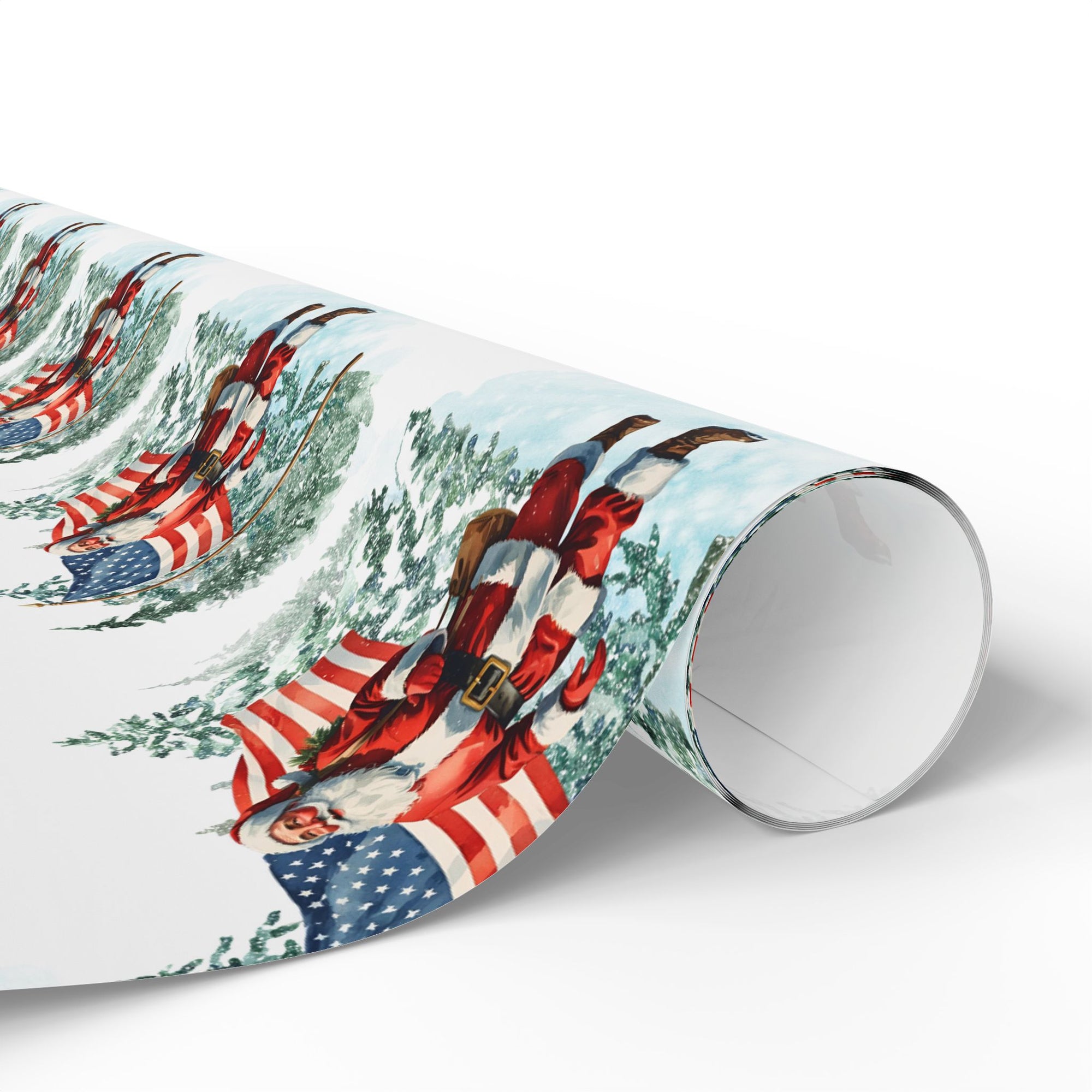 a roll of Christmas-themed gift wrap with Santa Claus and American flags
