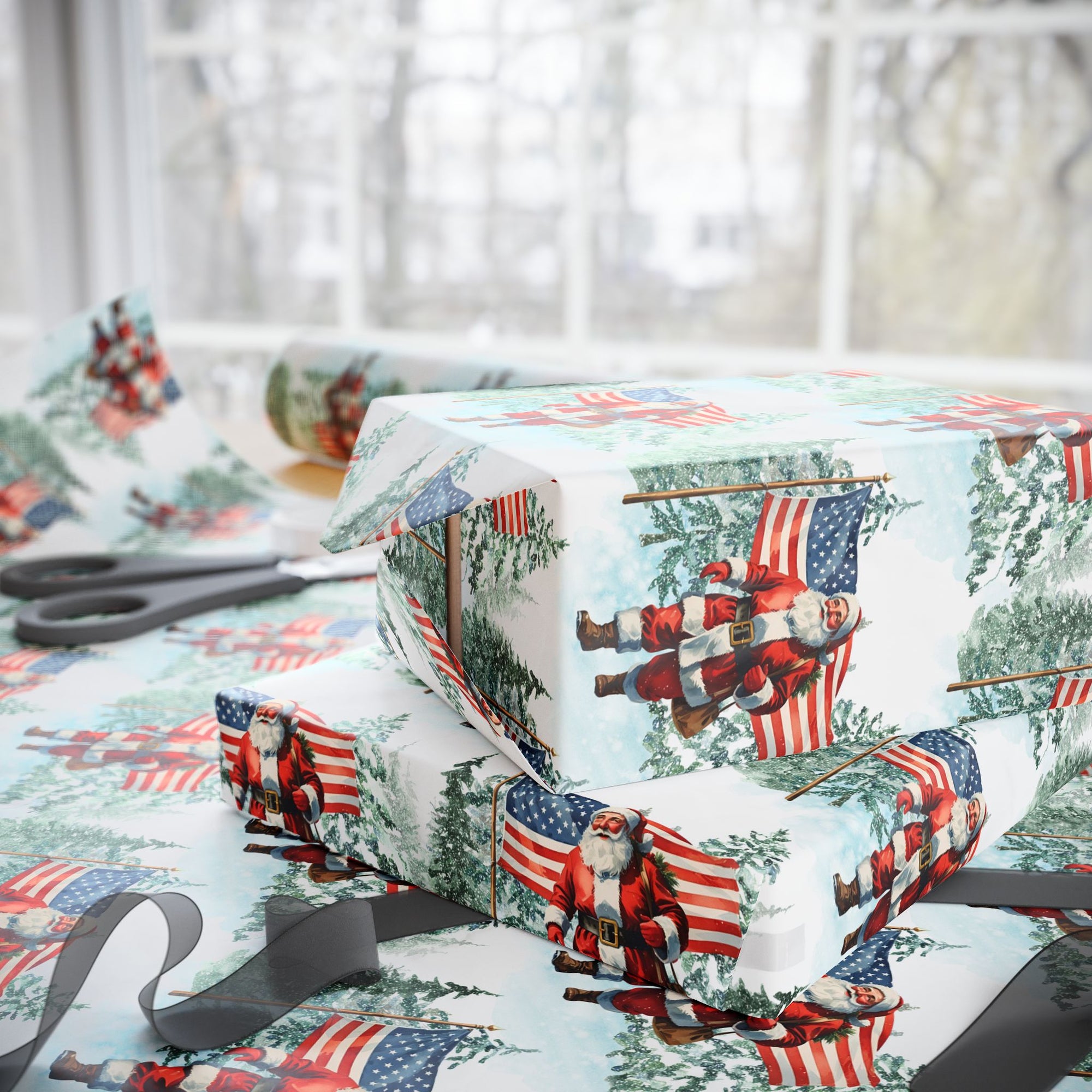 Christmas-themed gift wrap with a very patriotic Santa Claus and American flag with snowy trees in the background.