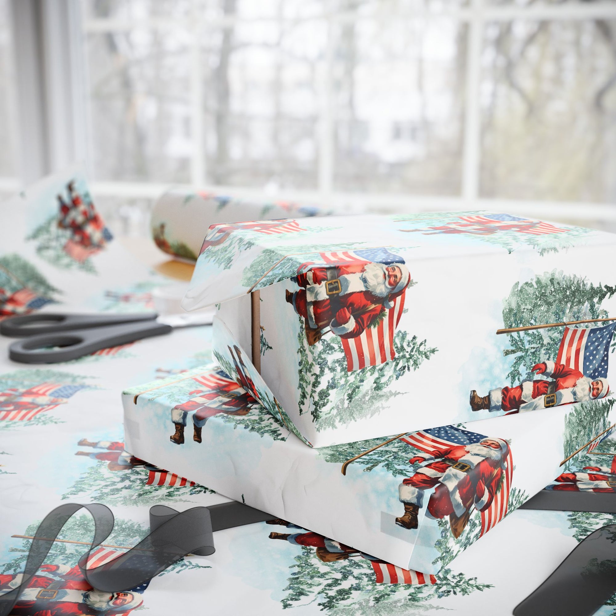 Christmas-themed gift wrap with Santa Claus and American flags on a table side view