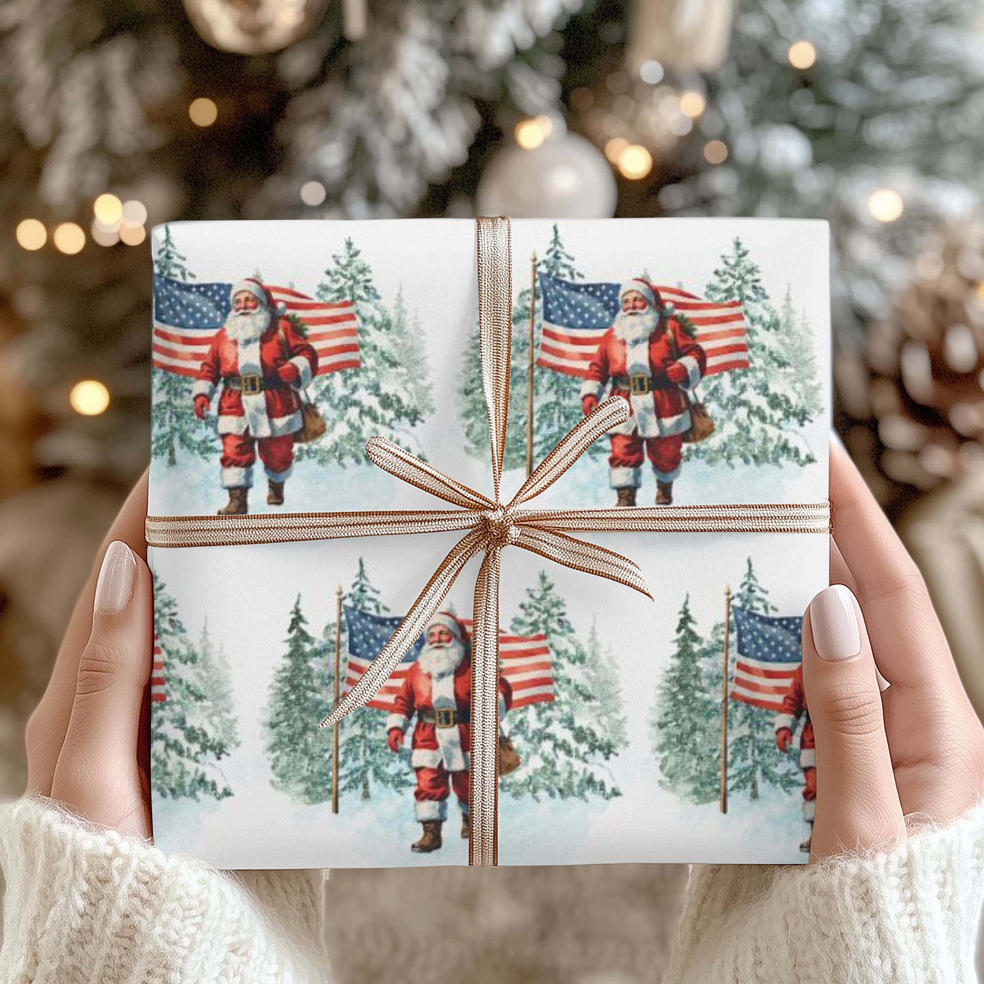 Christmas-themed gift wrap with Santa Claus and American flags under a christmas tree backdrop