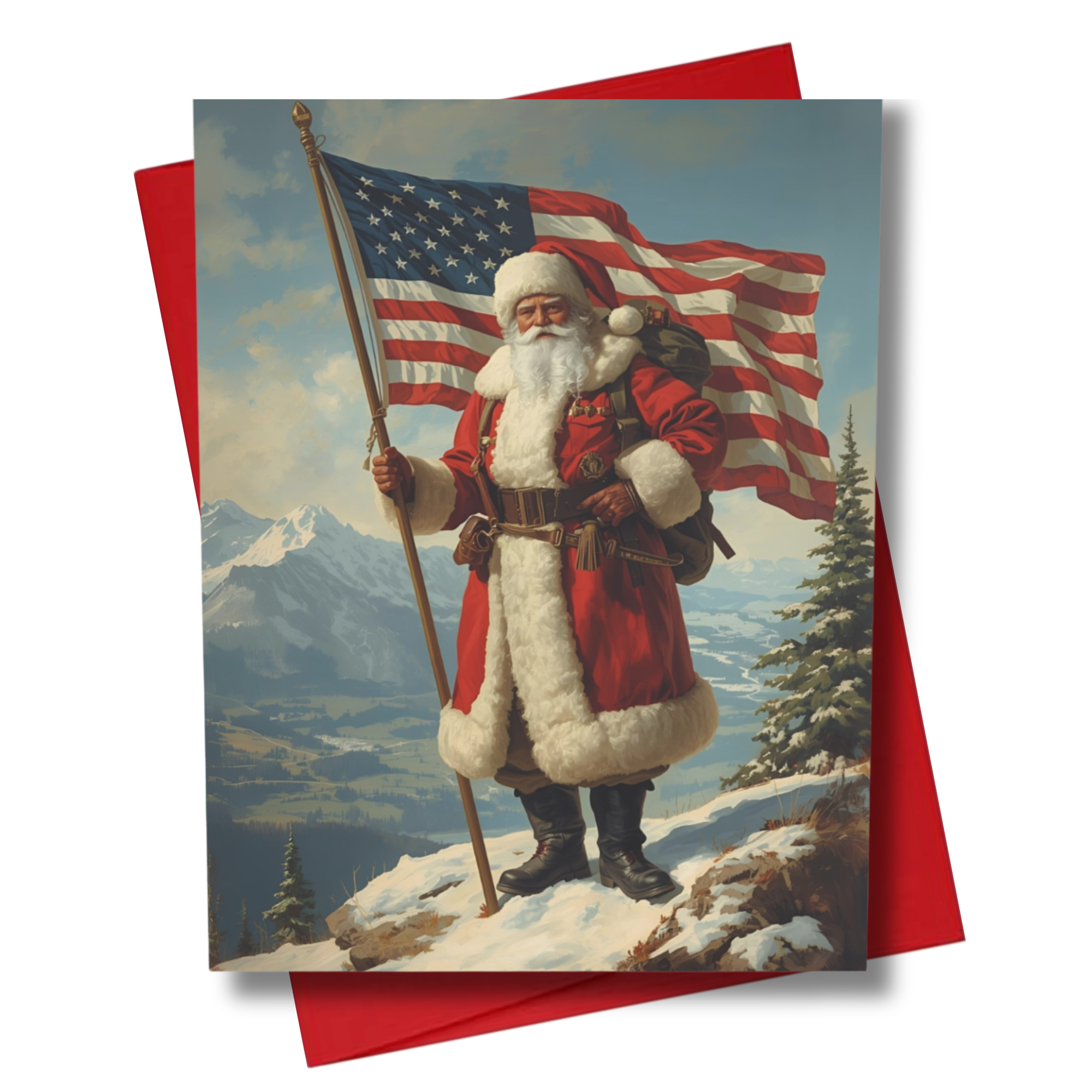 Card with a patriotic Santa Claus holding an American flag against a snowy mountain top.