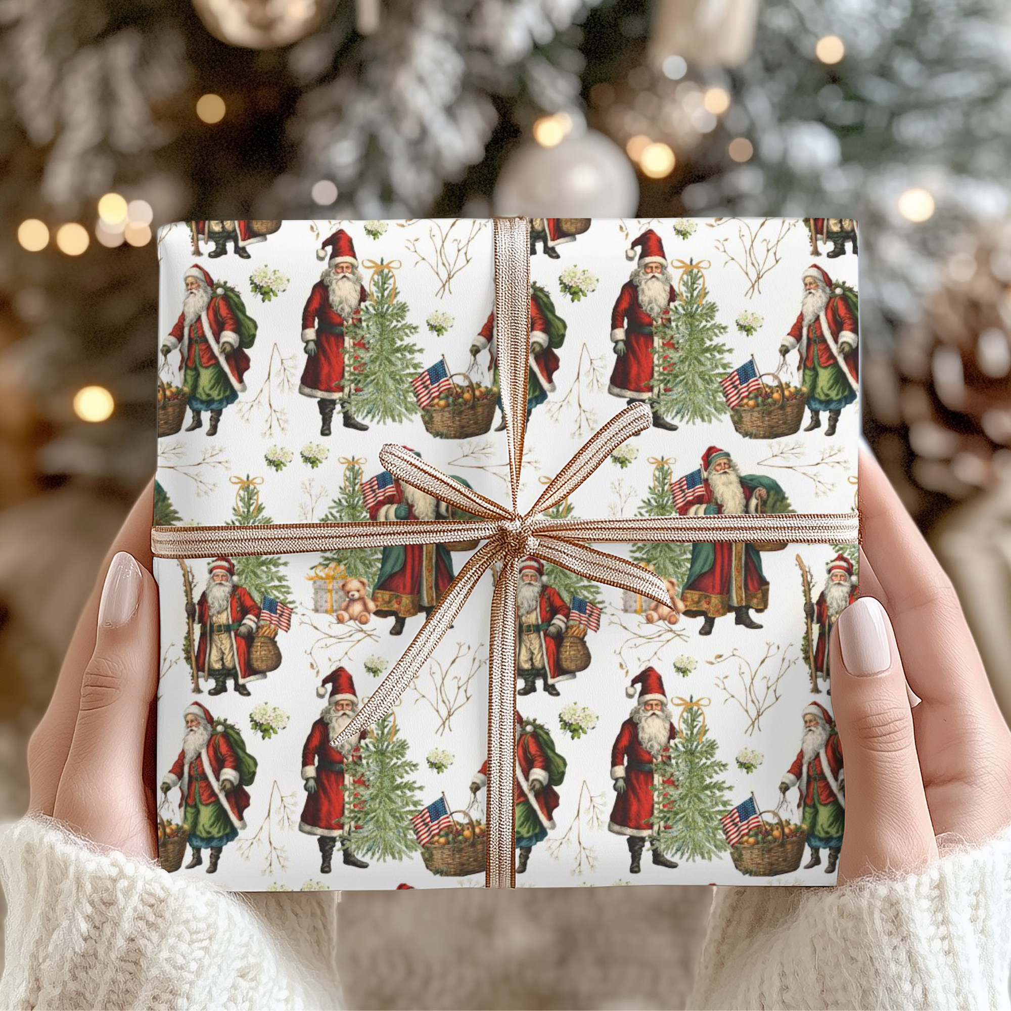 Gift wrapped present with Santa Claus and usa flag design held by hands against a festive background