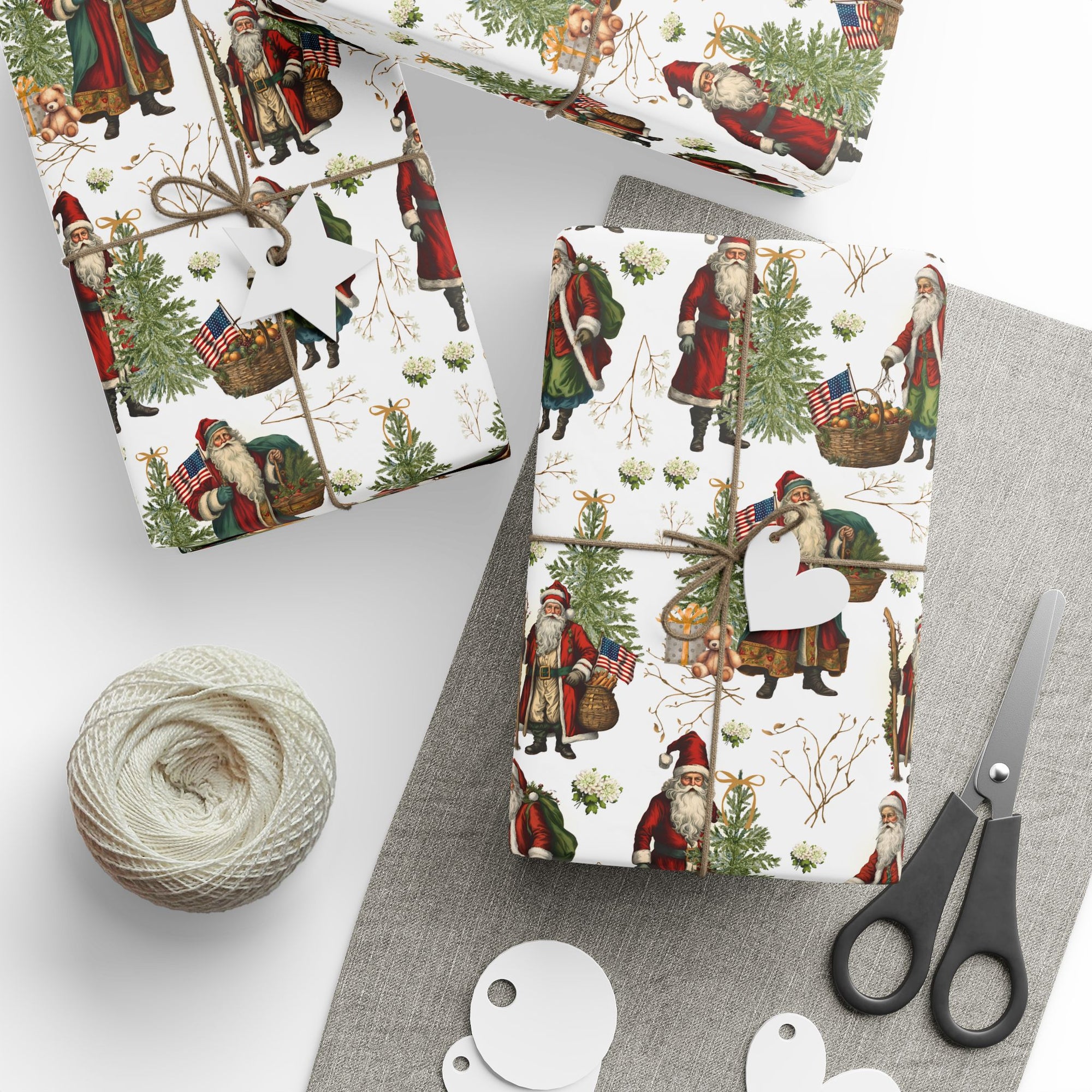 Christmas-themed gift wrap with patriotic Santa Claus and usa flag design